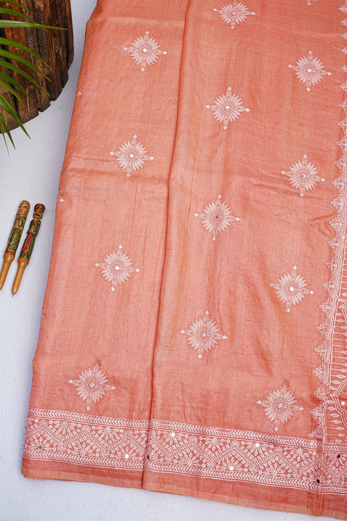 Designer Tussar Silk Peach Saree