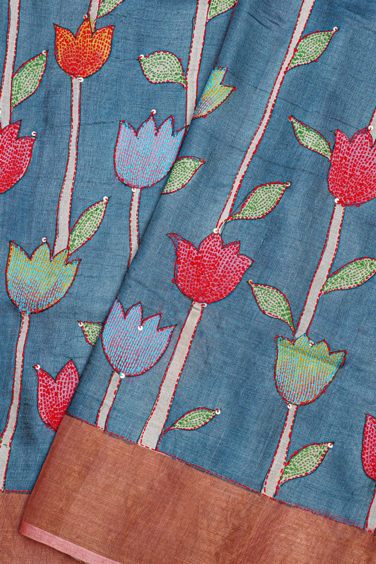 Designer Tussar Navy Blue Saree