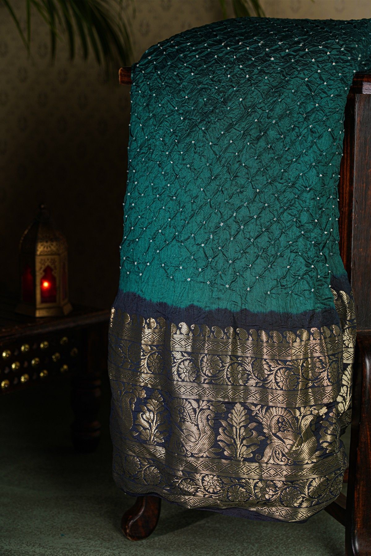 Bandhani Silk Peacock Green  Saree