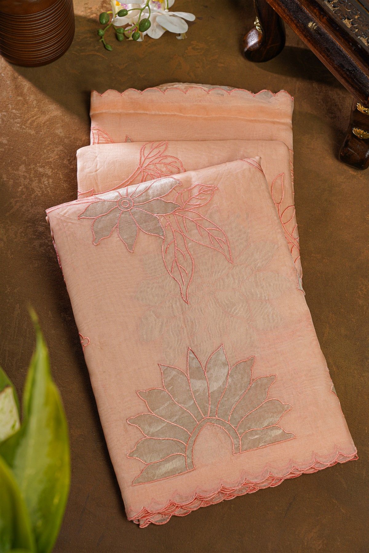 Designer Organza Peach Saree