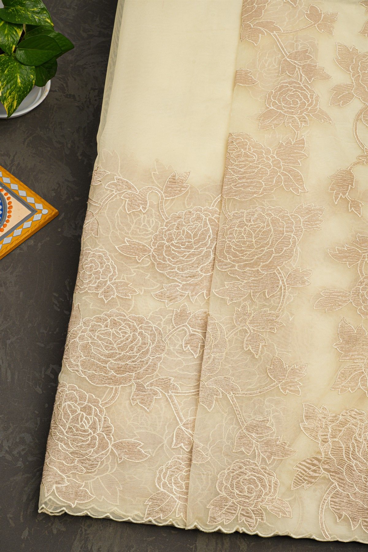 Designer Organza Cream Saree