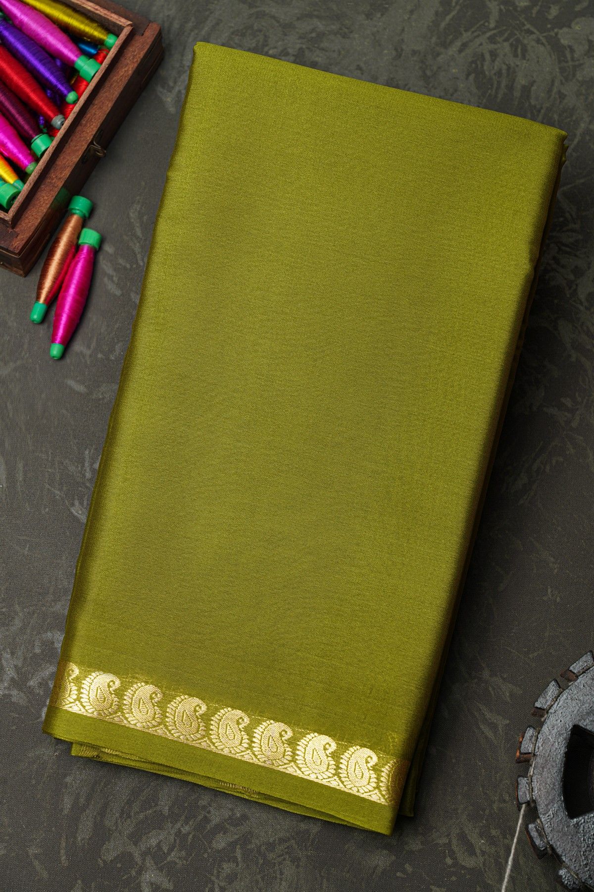 Mysore Crepe Mehendi Green Saree