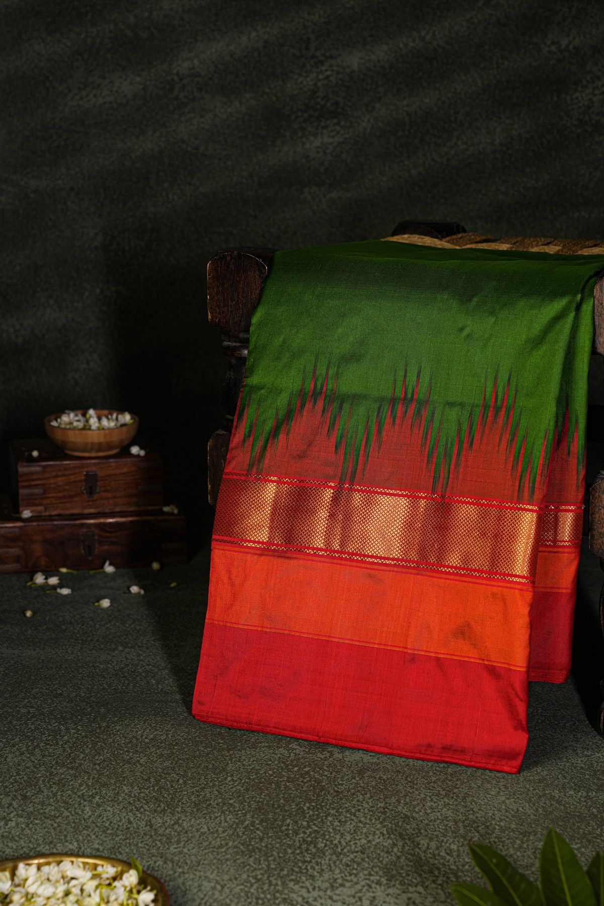 Ikat Silk Bottle Green Saree