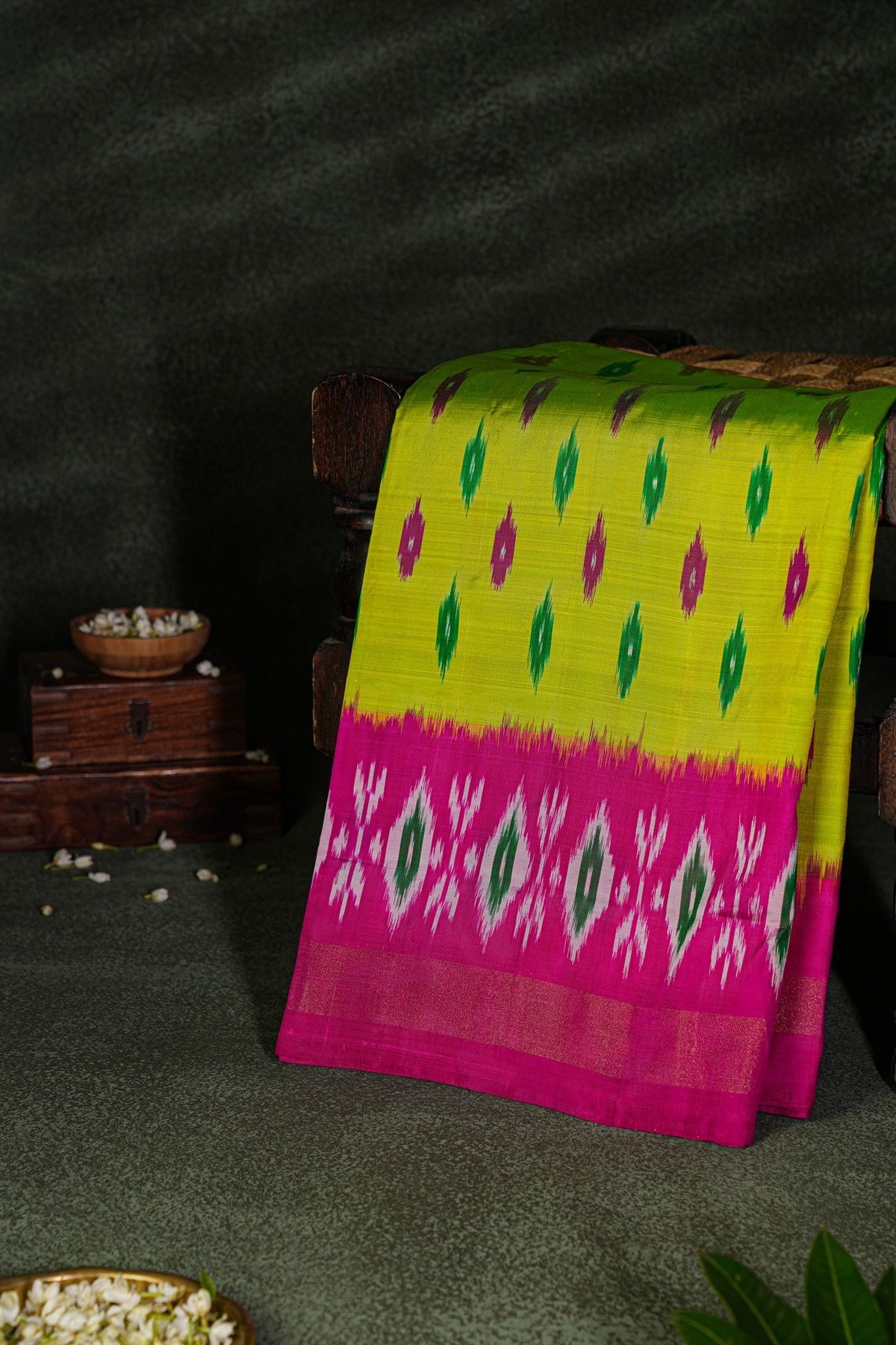 Ikat Silk Parrot Green Saree