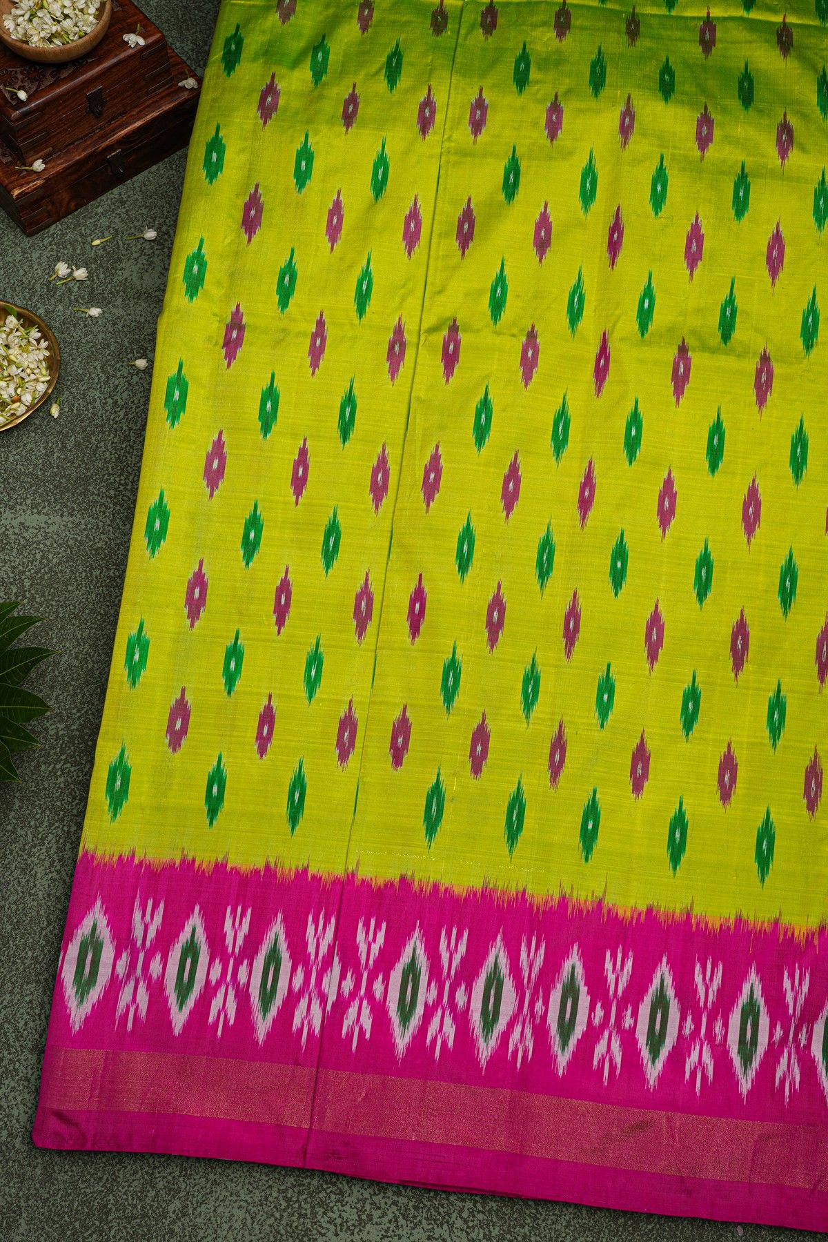Ikat Silk Parrot Green Saree