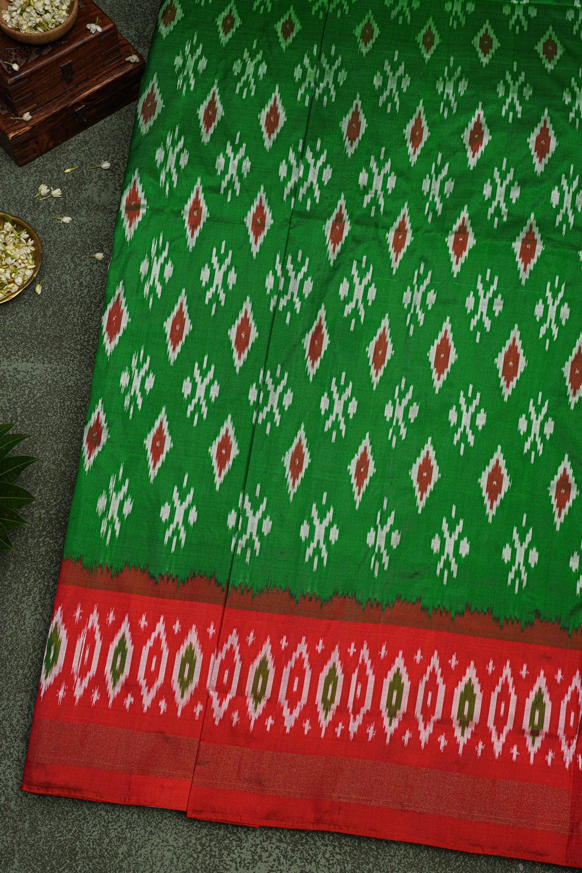 Ikat Silk Bottle Green Saree