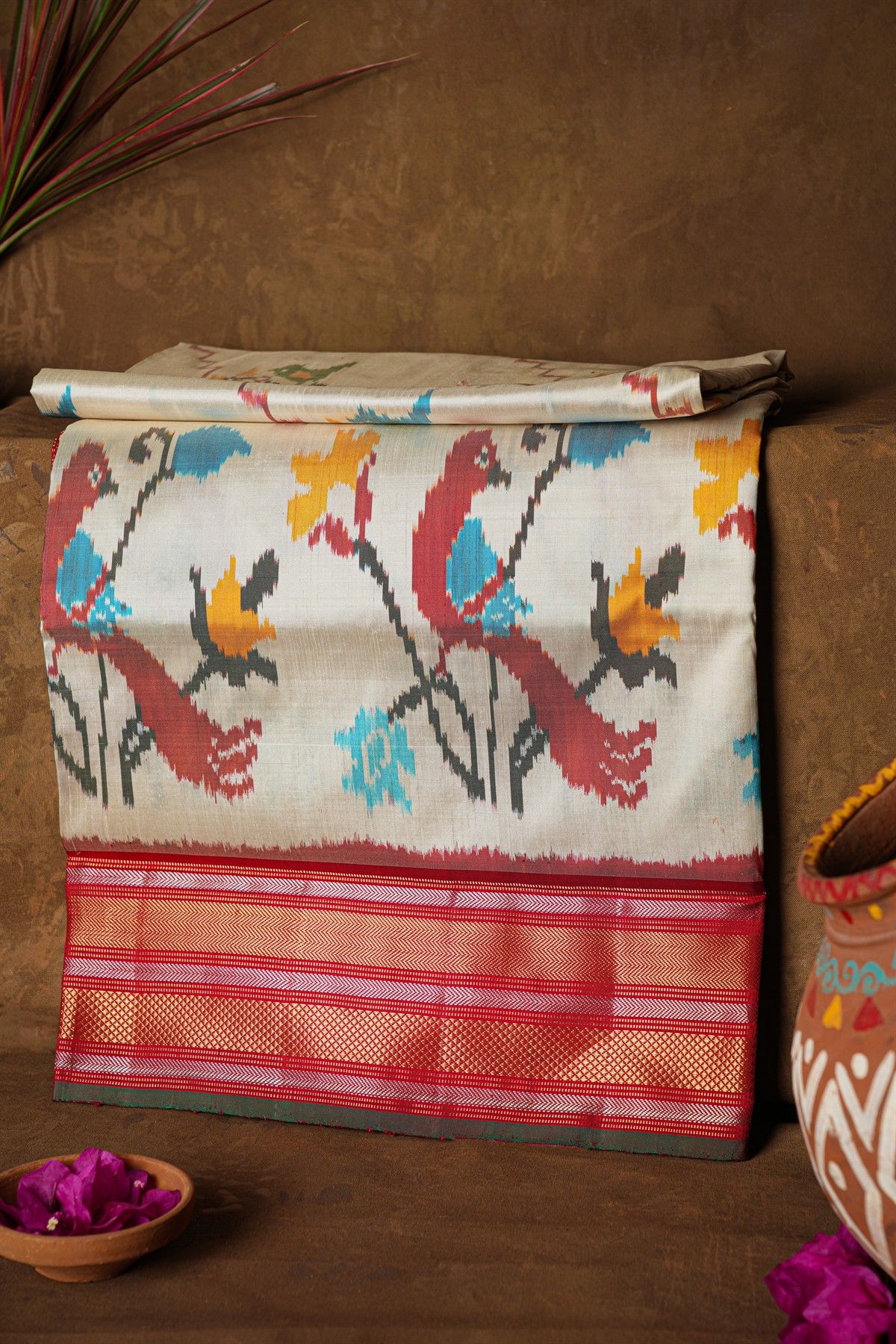 Ikat Silk Off White Saree