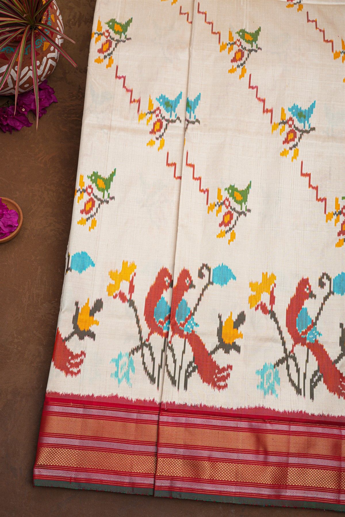 Ikat Silk Off White Saree