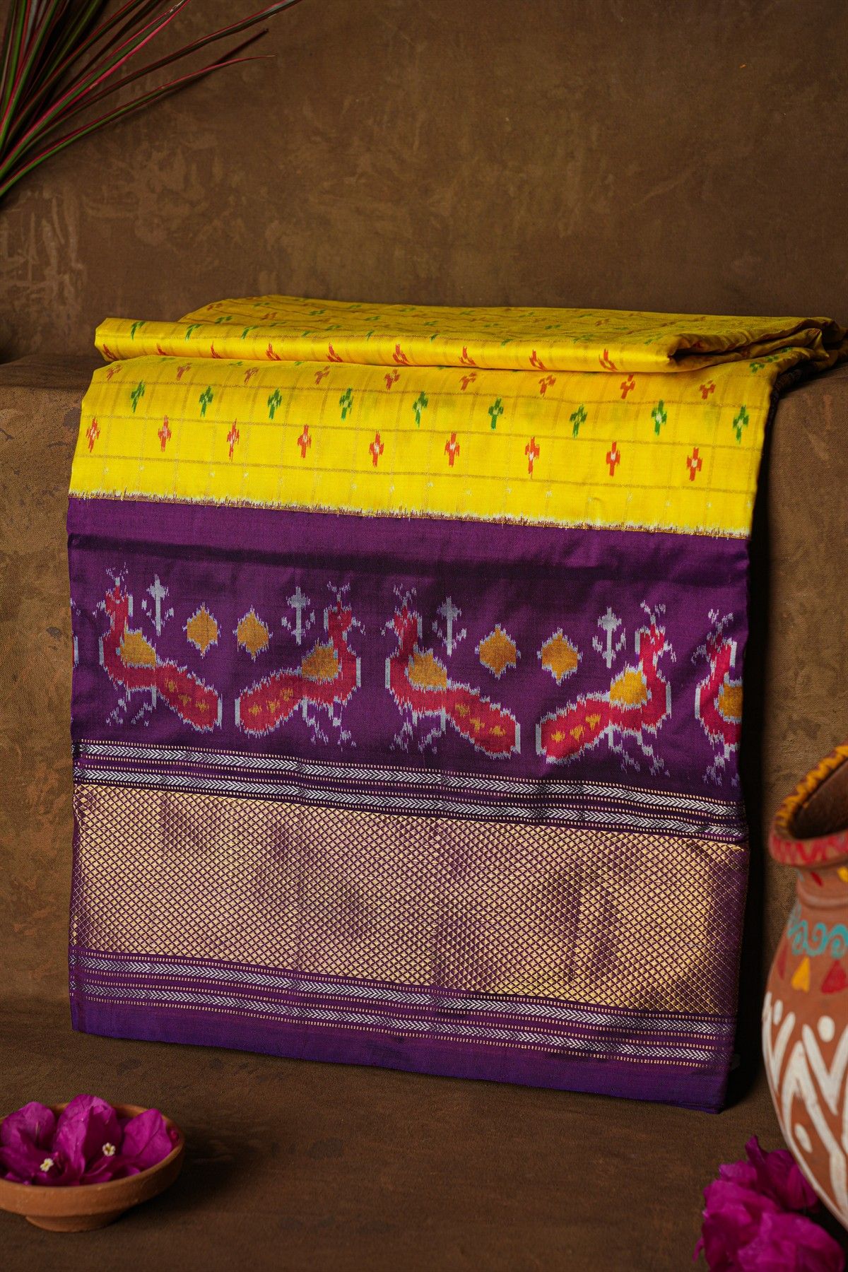 Ikat Silk  Yellow Saree