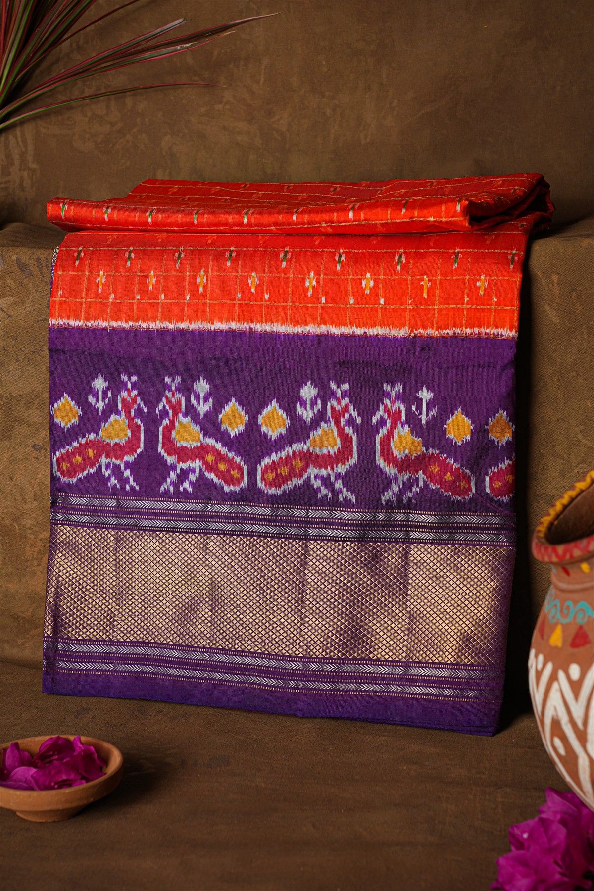 Ikat Silk Orange Saree