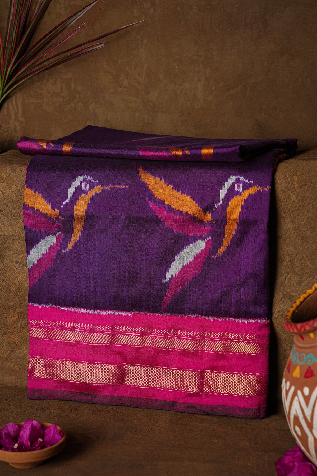 Ikat Silk Wine Saree