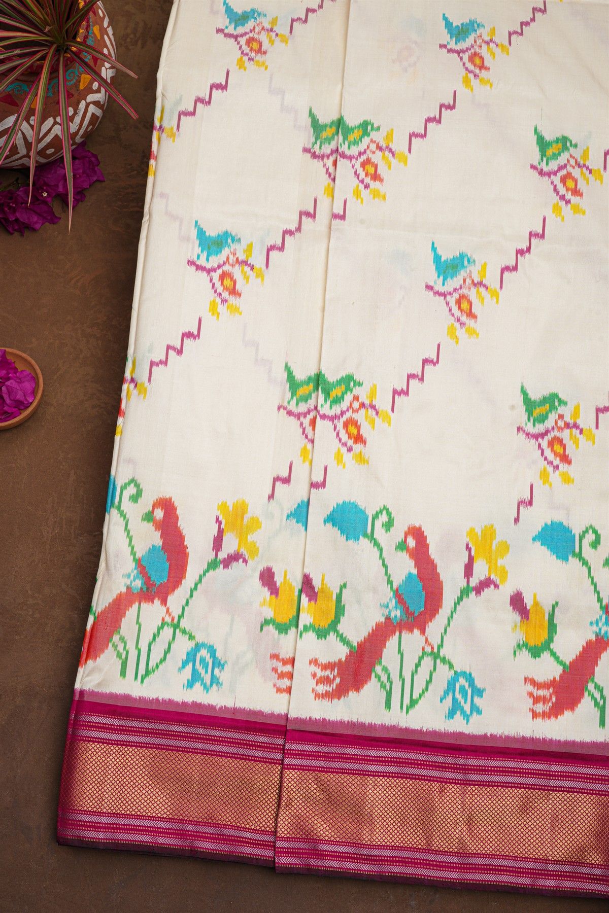 Ikat Silk Off White Saree