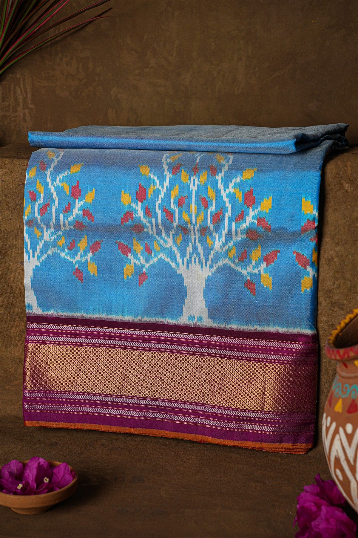 Ikat Silk Sky Blue Saree