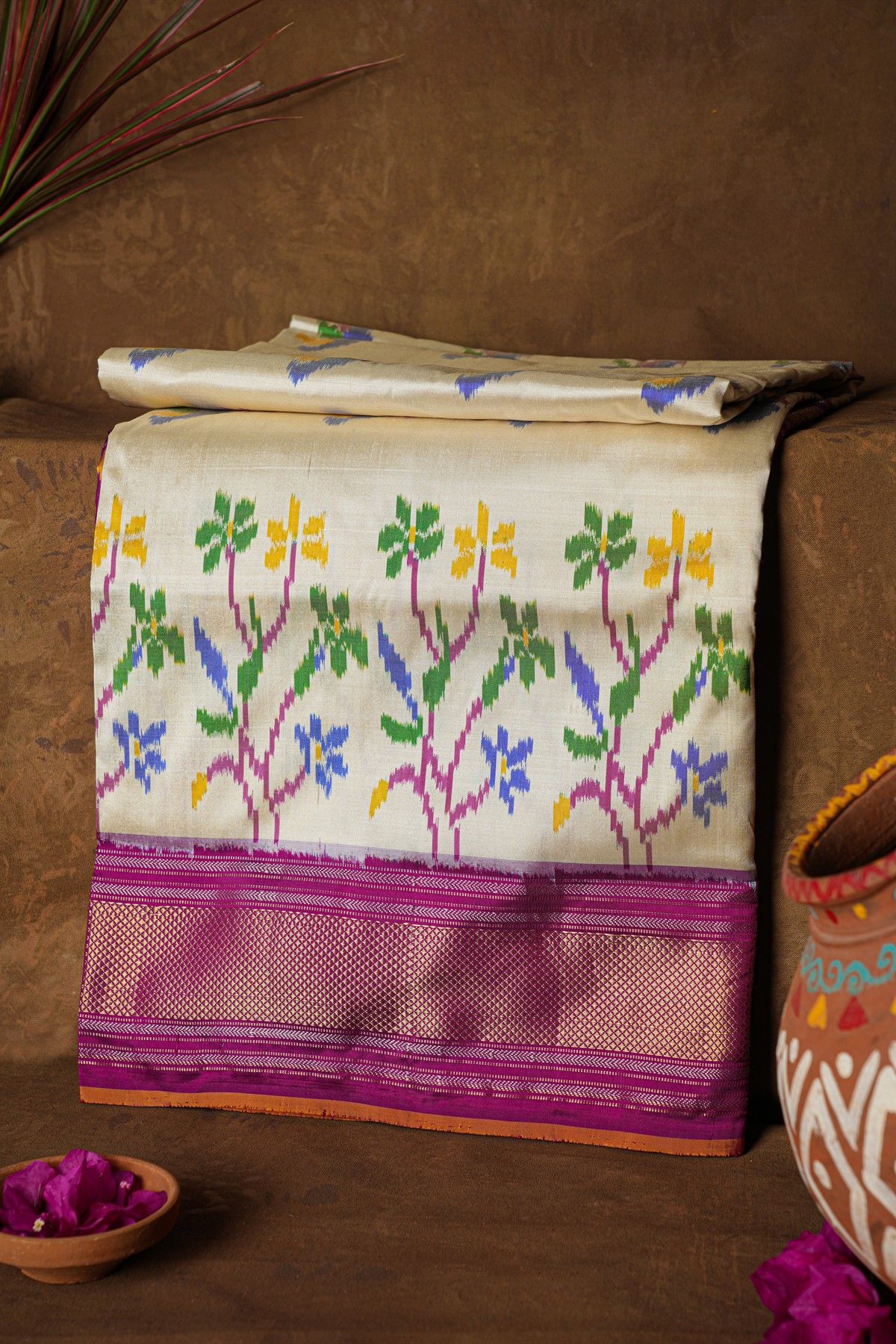 Ikat Silk Cream Saree