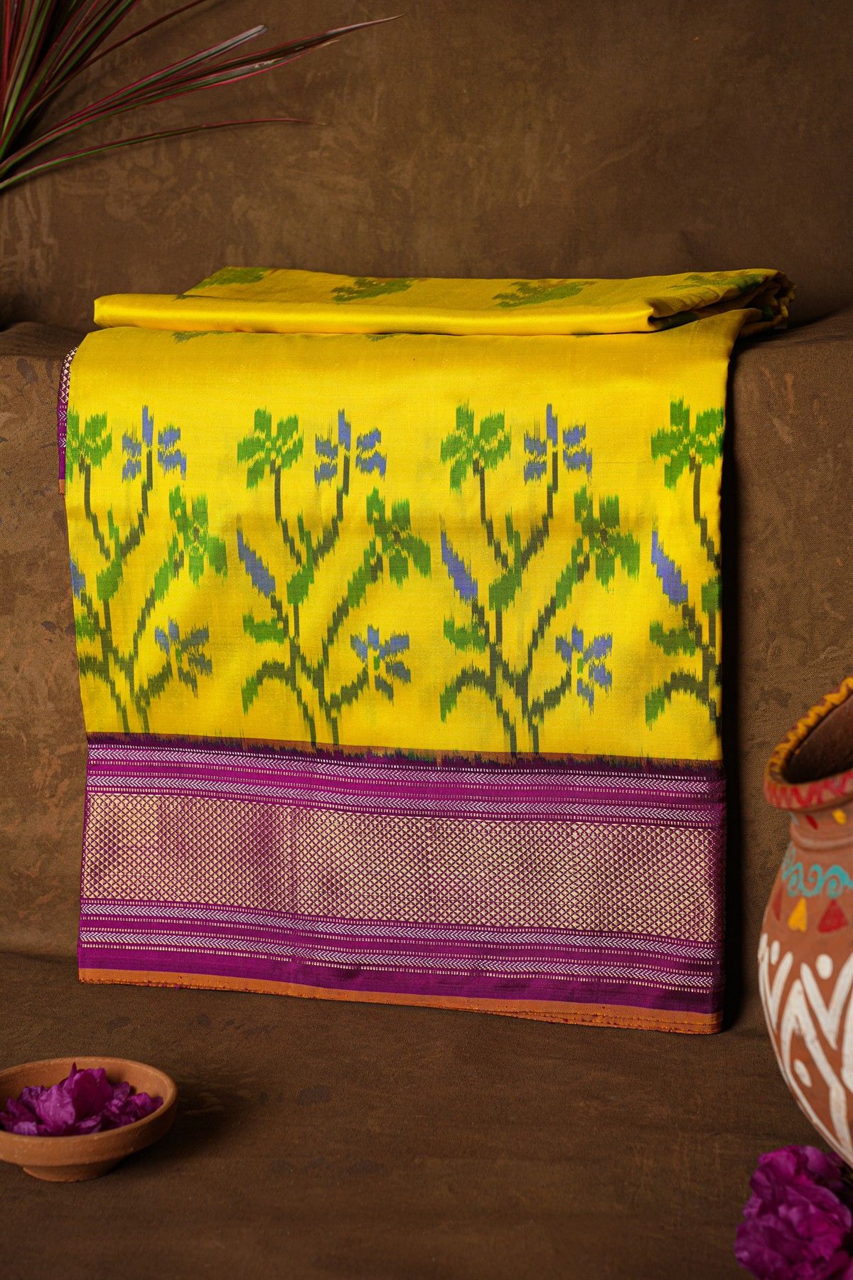 Ikat Silk Yellow Saree