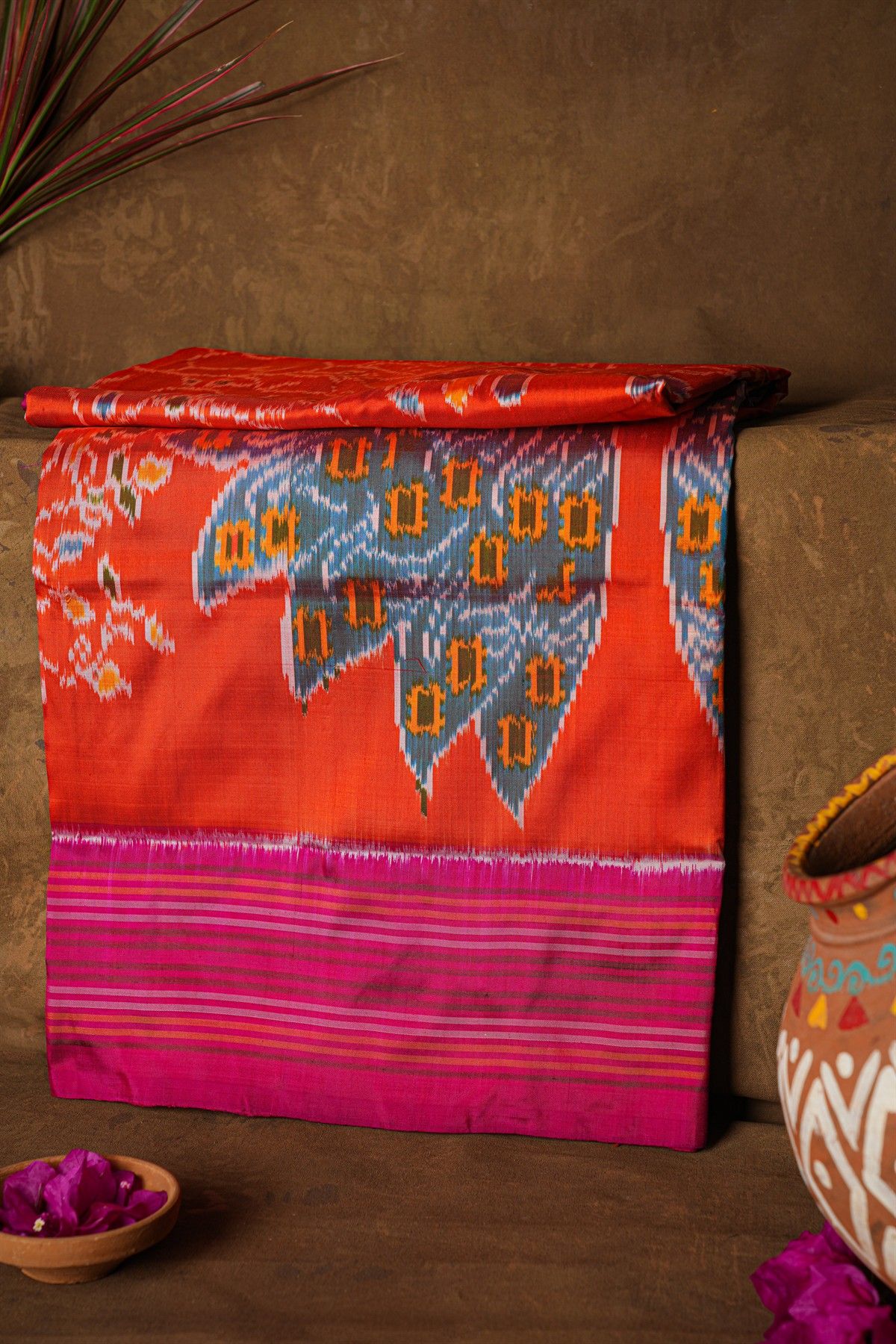 Ikat Silk Orange Saree