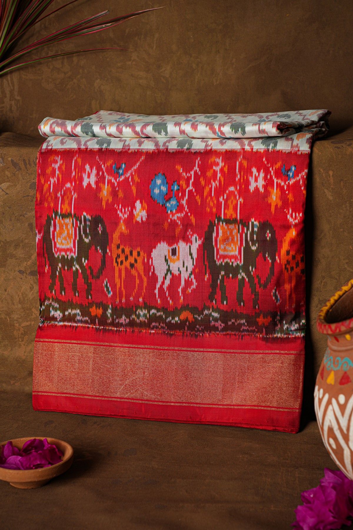 Ikat Silk Off White Saree