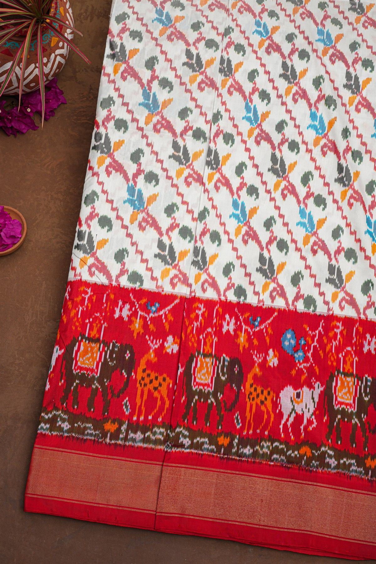 Ikat Silk Off White Saree