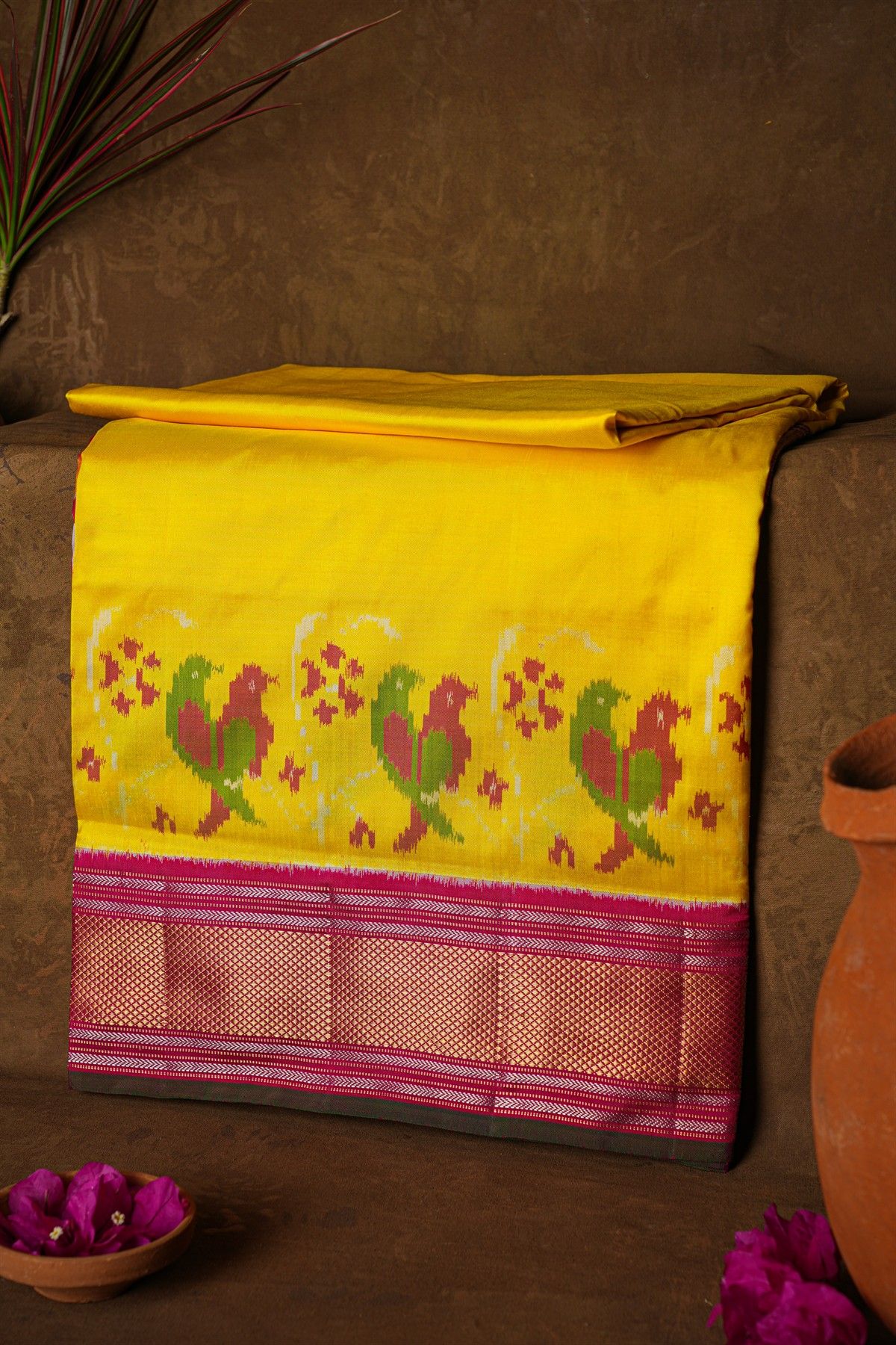 Ikat Silk Yellow Saree