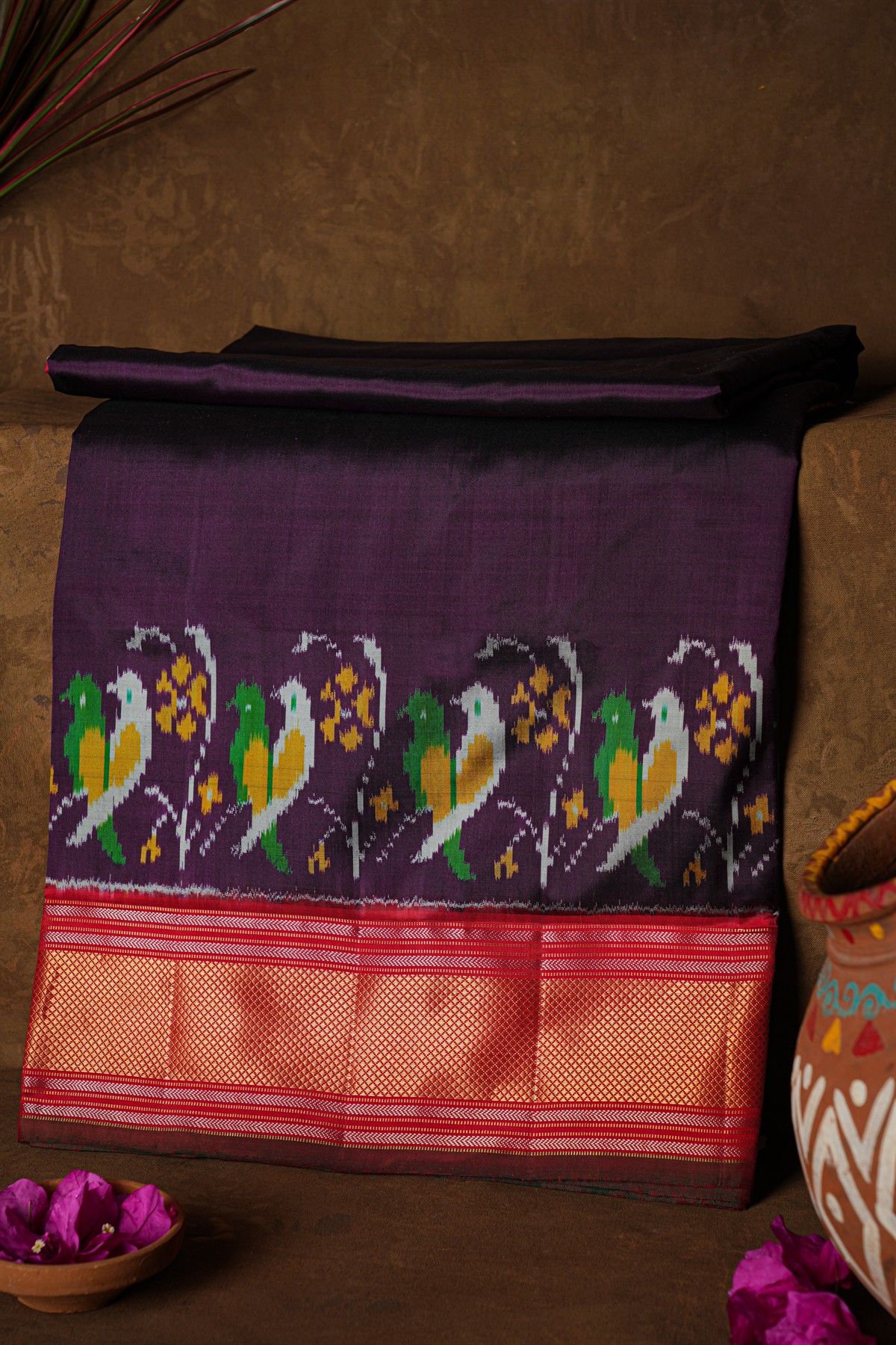 Ikat Silk Wine Saree