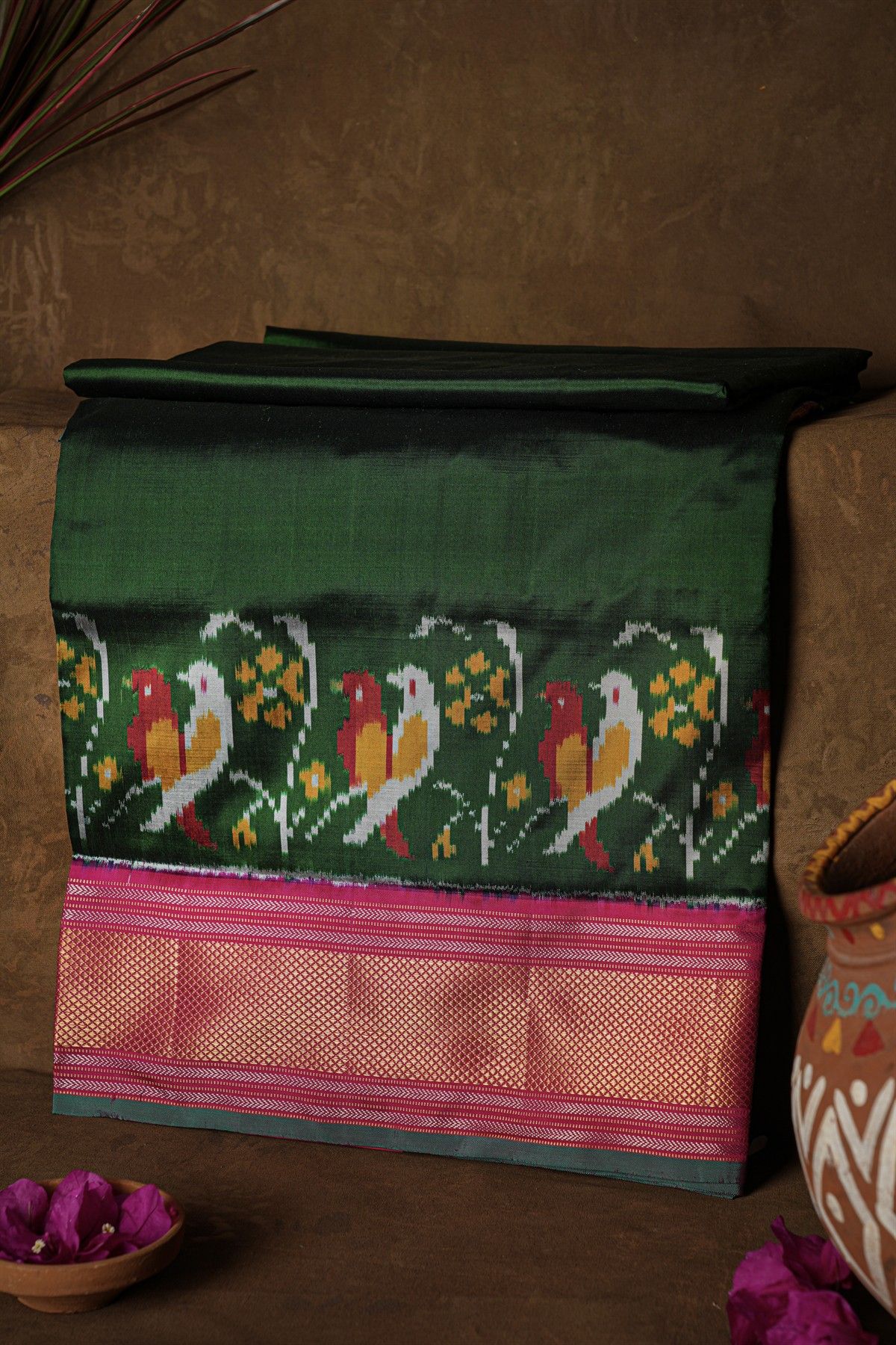 Ikat Silk Bottle Green Saree