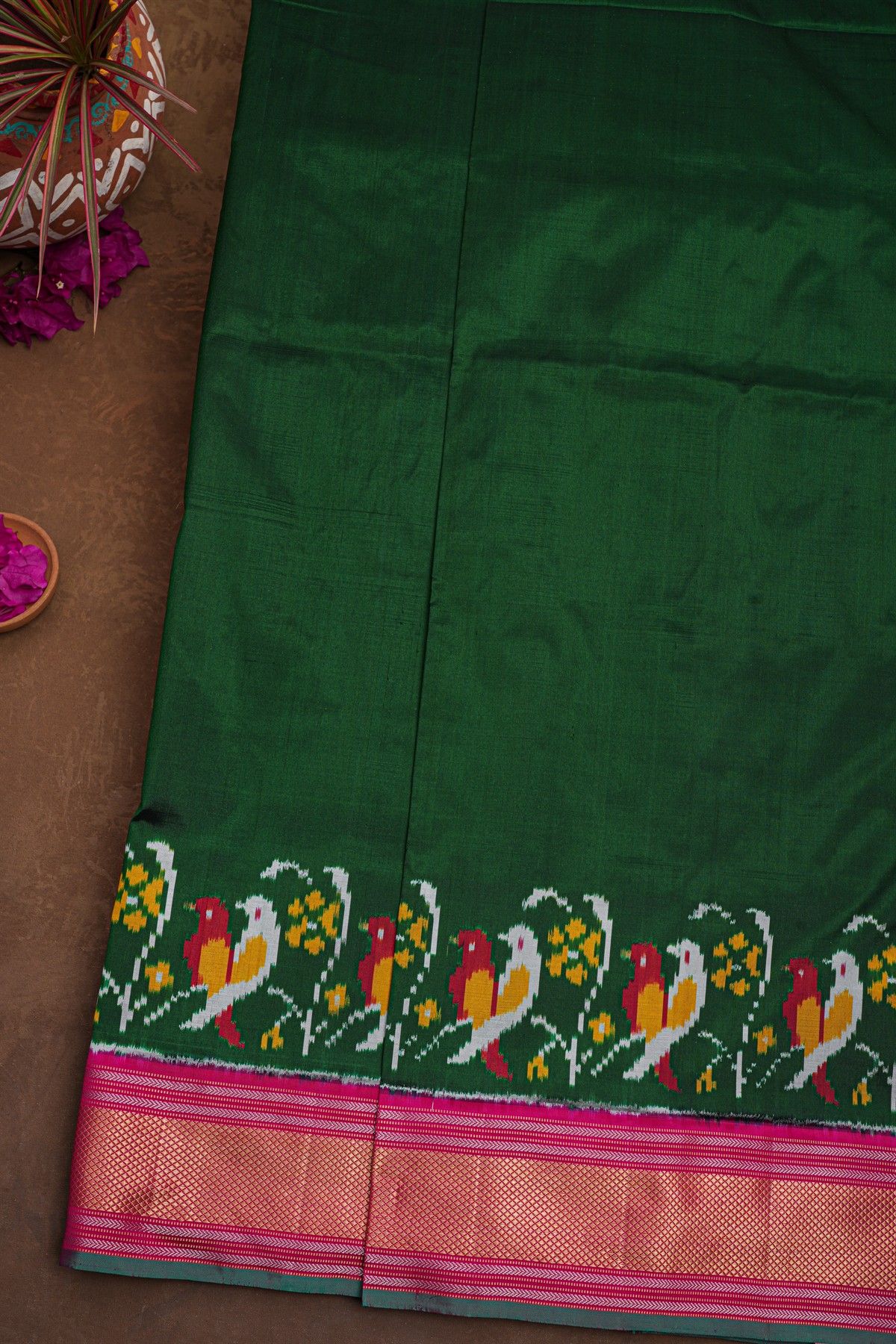 Ikat Silk Bottle Green Saree