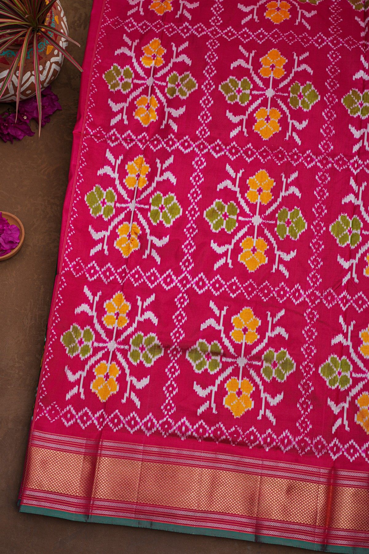 Ikat Silk Bottle Green Saree