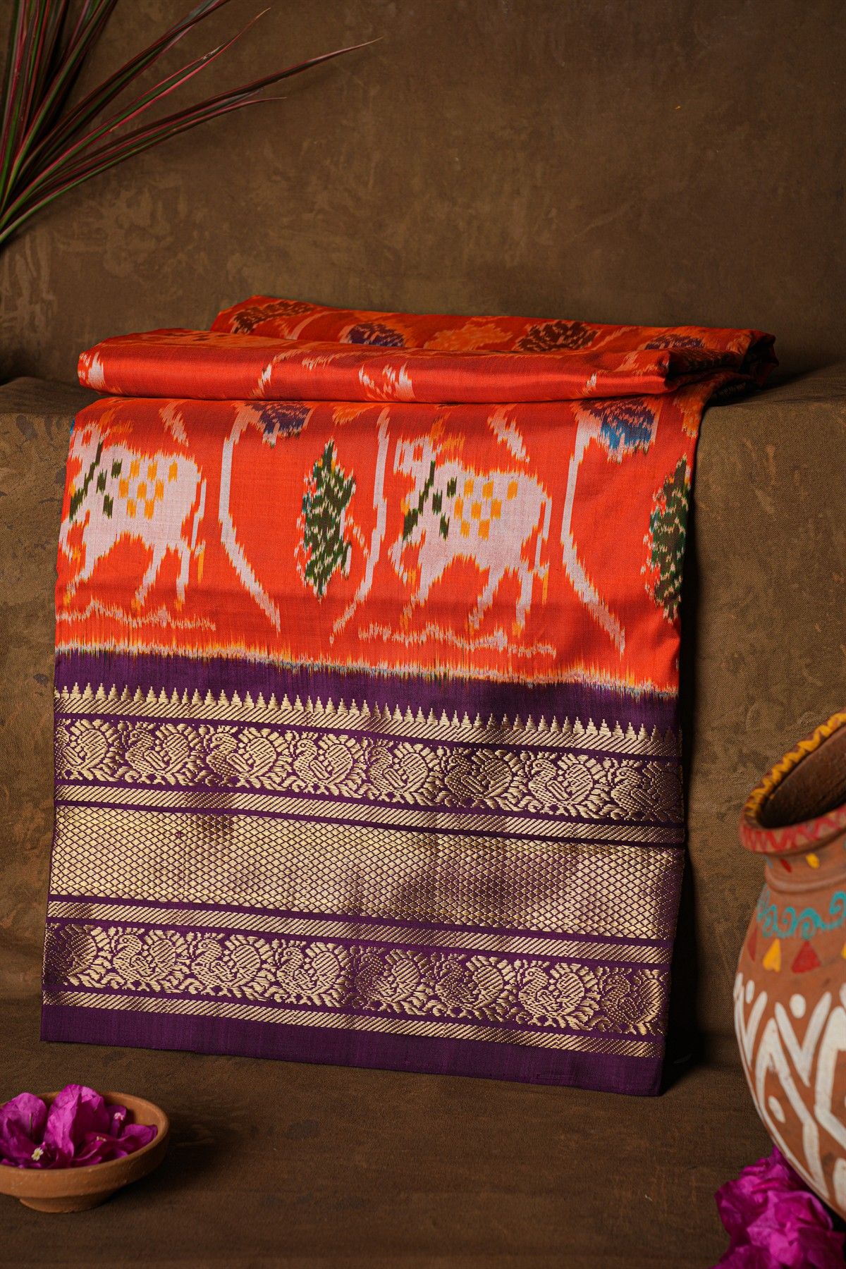 Ikat Silk Orange Saree