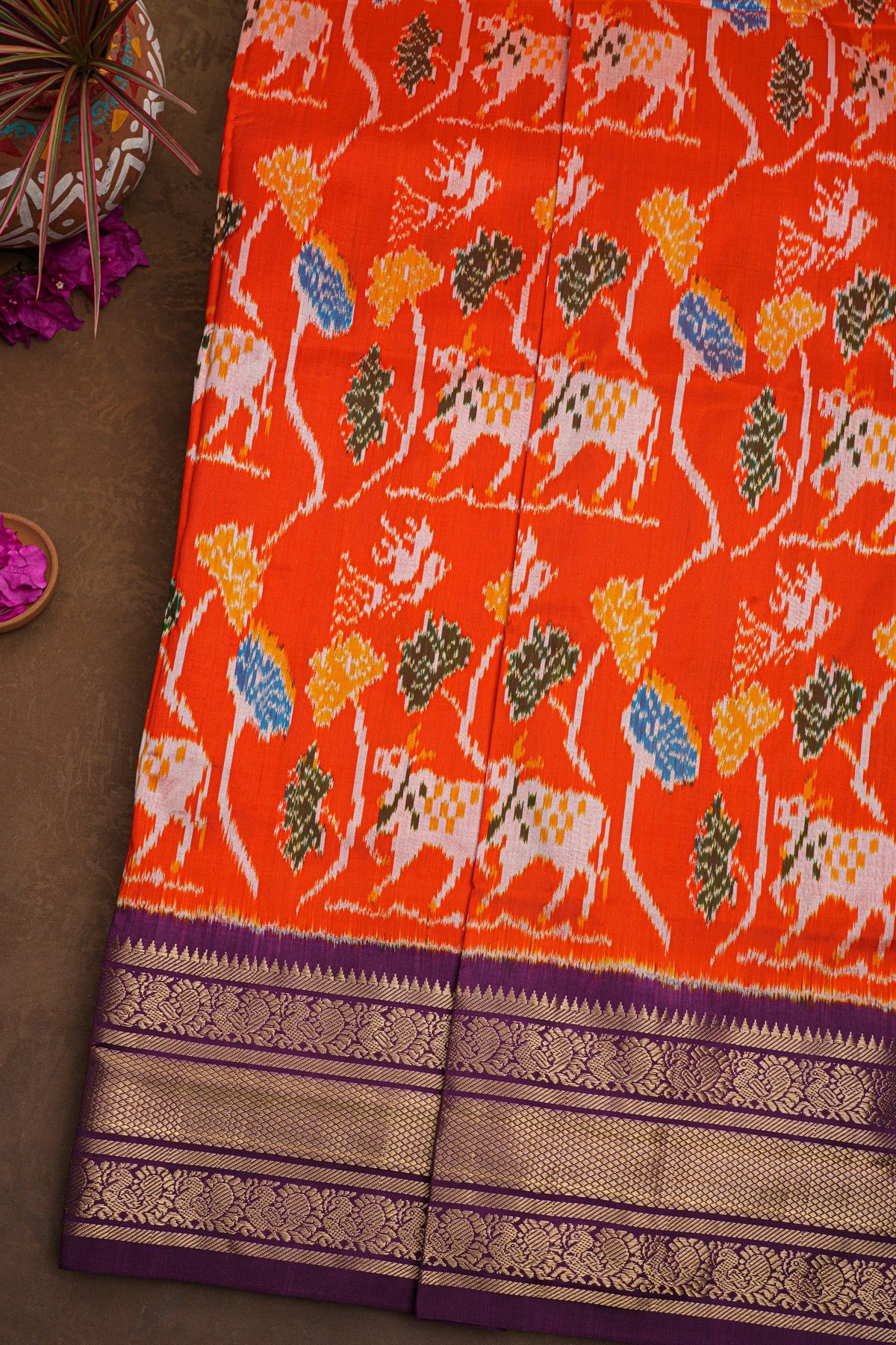 Ikat Silk Orange Saree