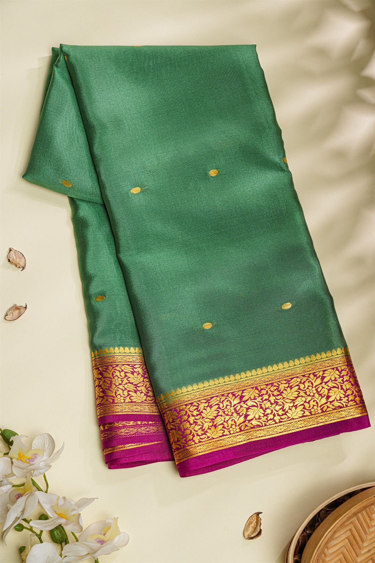 Mysore Crepe Bottle Green Saree