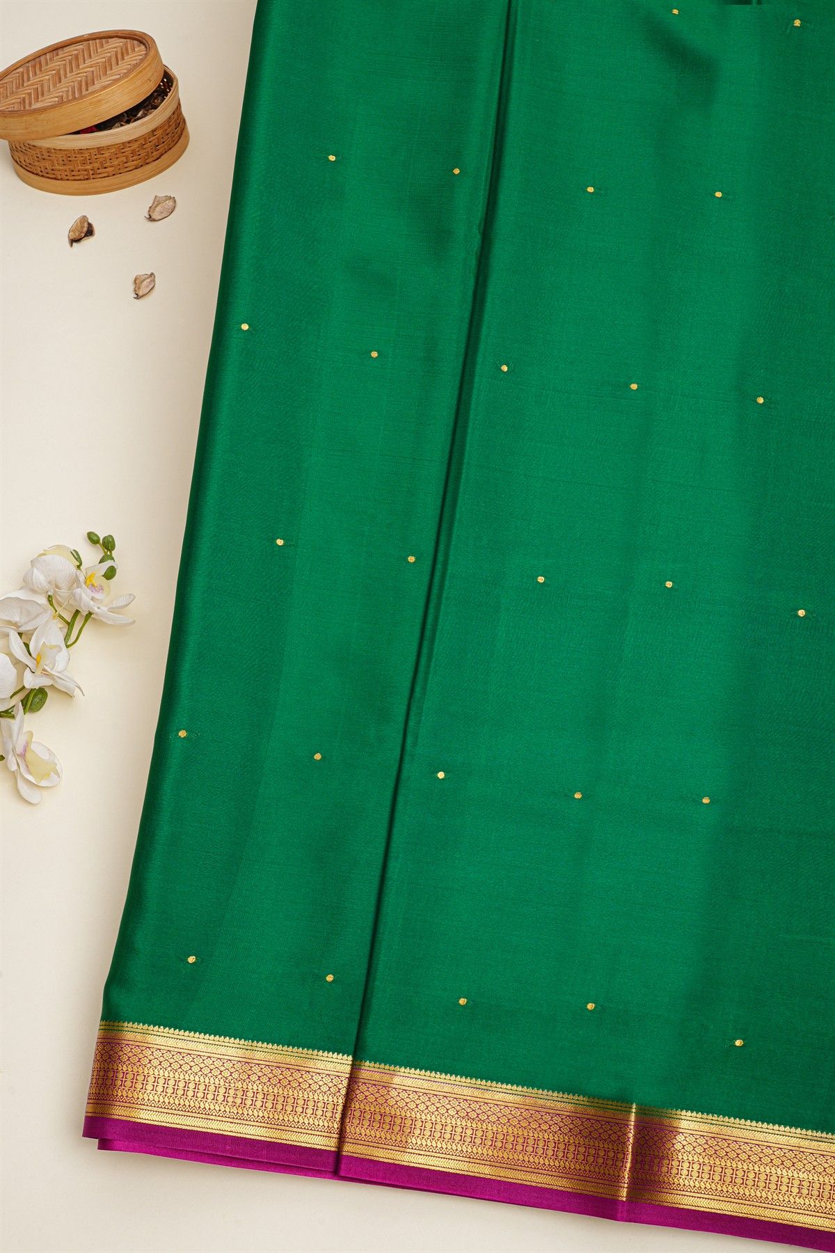 Mysore Crepe Bottle Green Saree