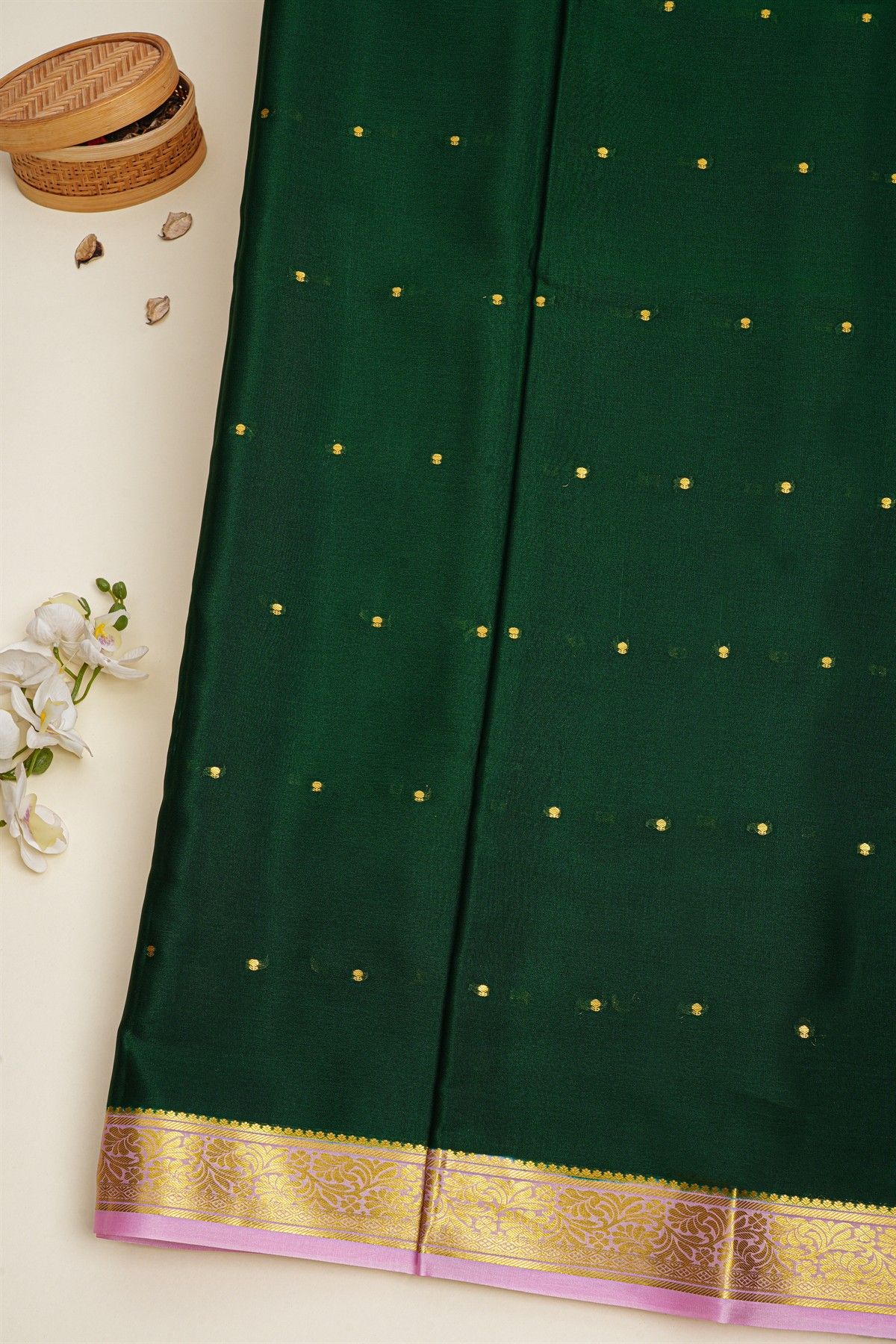 Mysore Crepe Bottle Green Saree