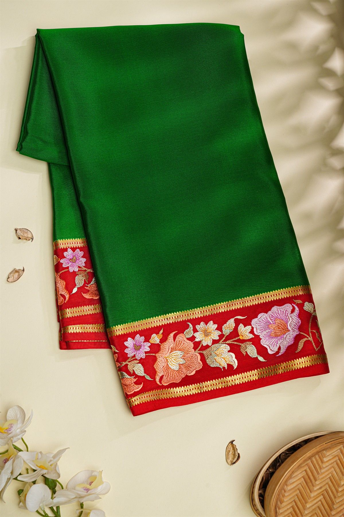 Mysore Crepe Bottle Green Saree