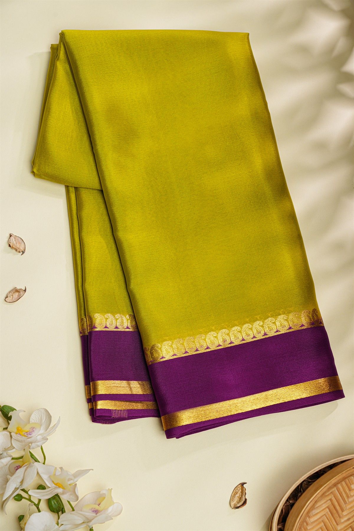 Mysore Crepe Mehendi Green Saree