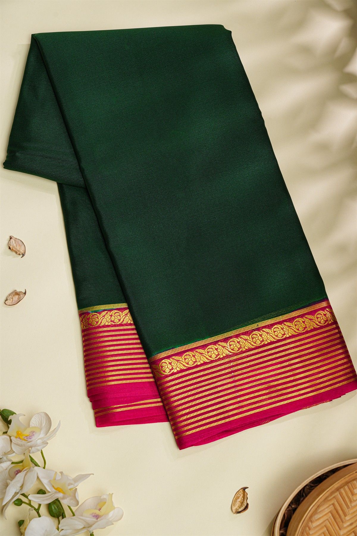 Mysore Crepe Bottle Green Saree