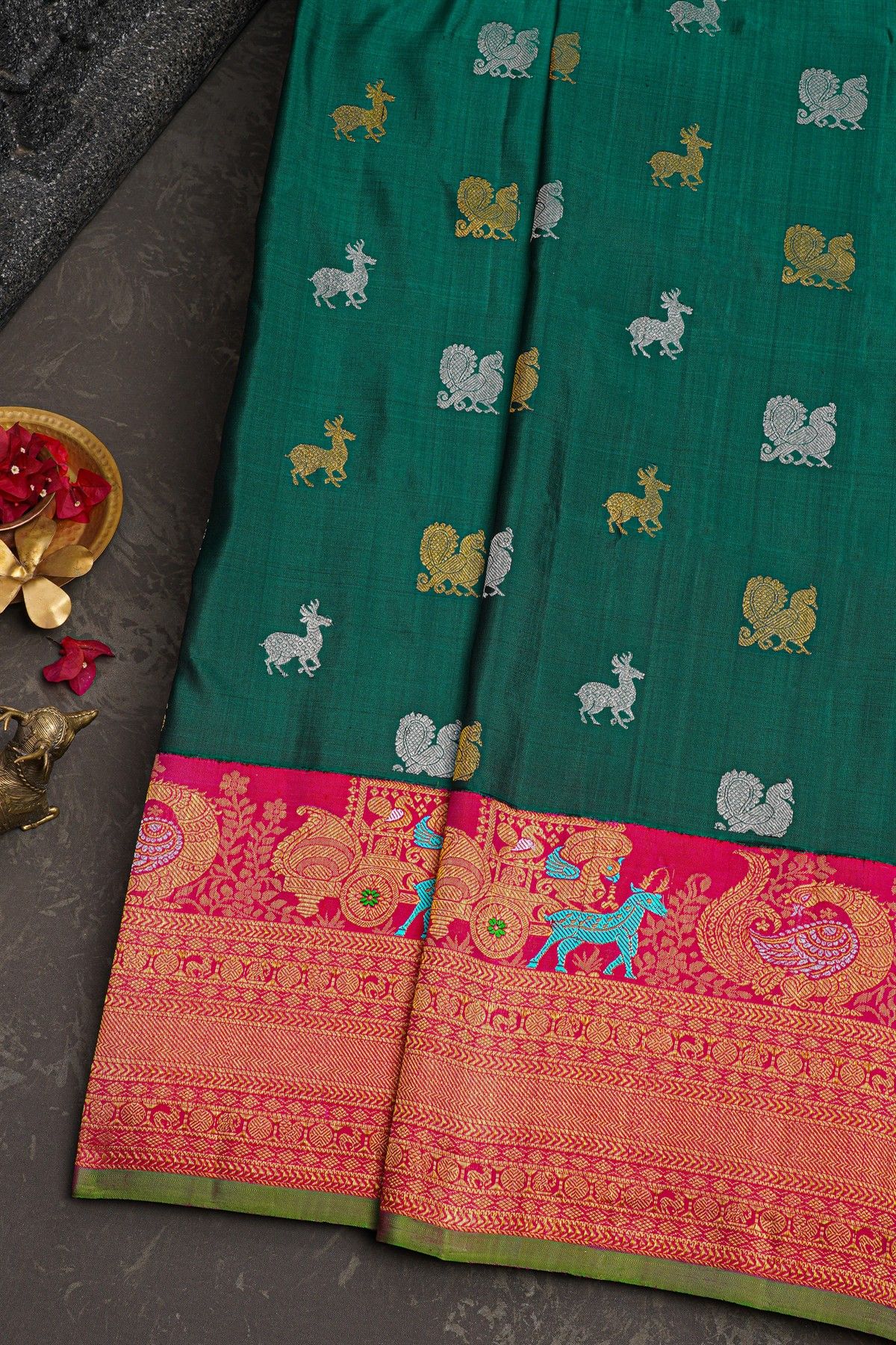 Gadwal Silk Bottle Green Saree