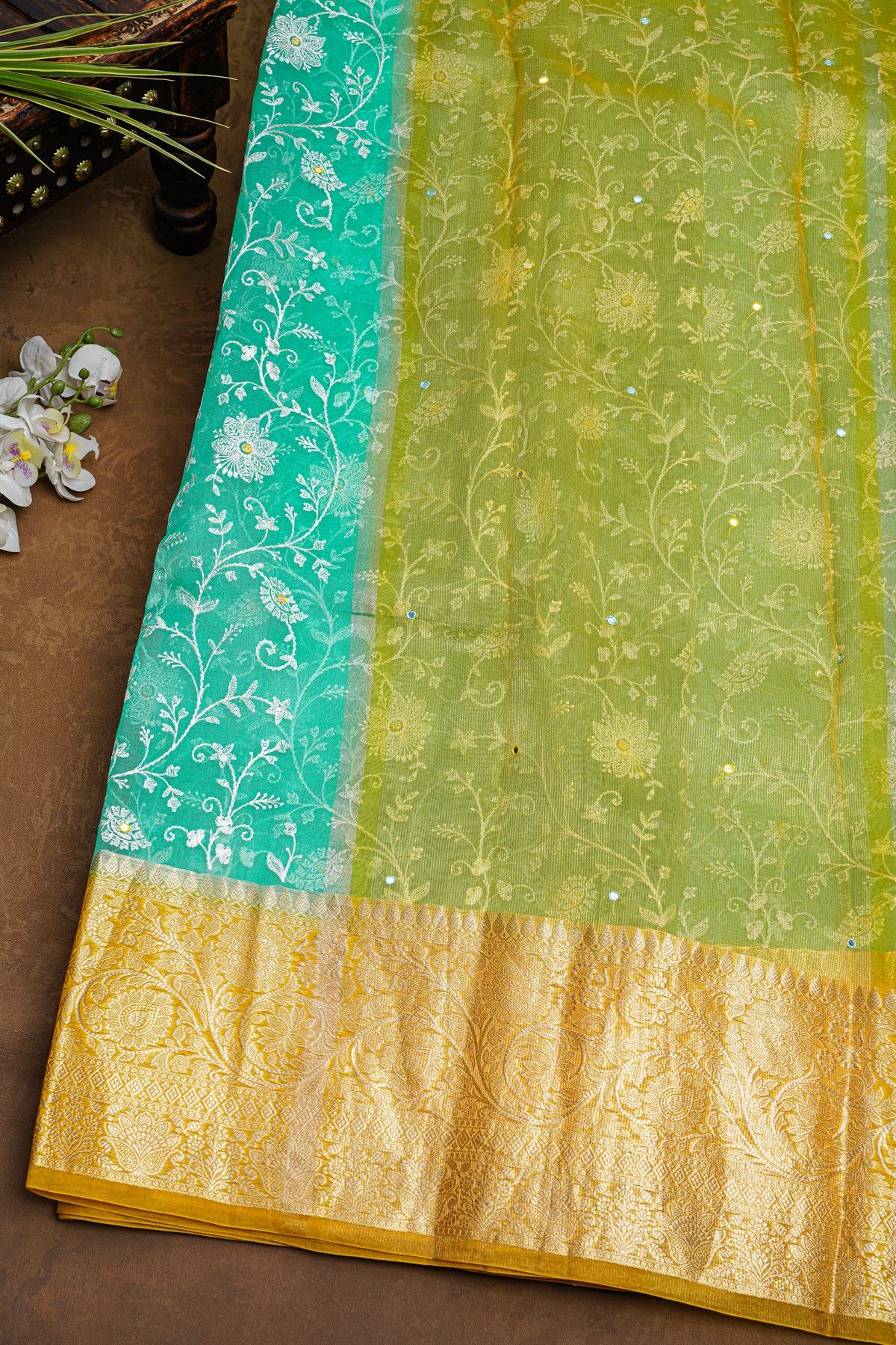 Fancy Organza Sea Green Saree