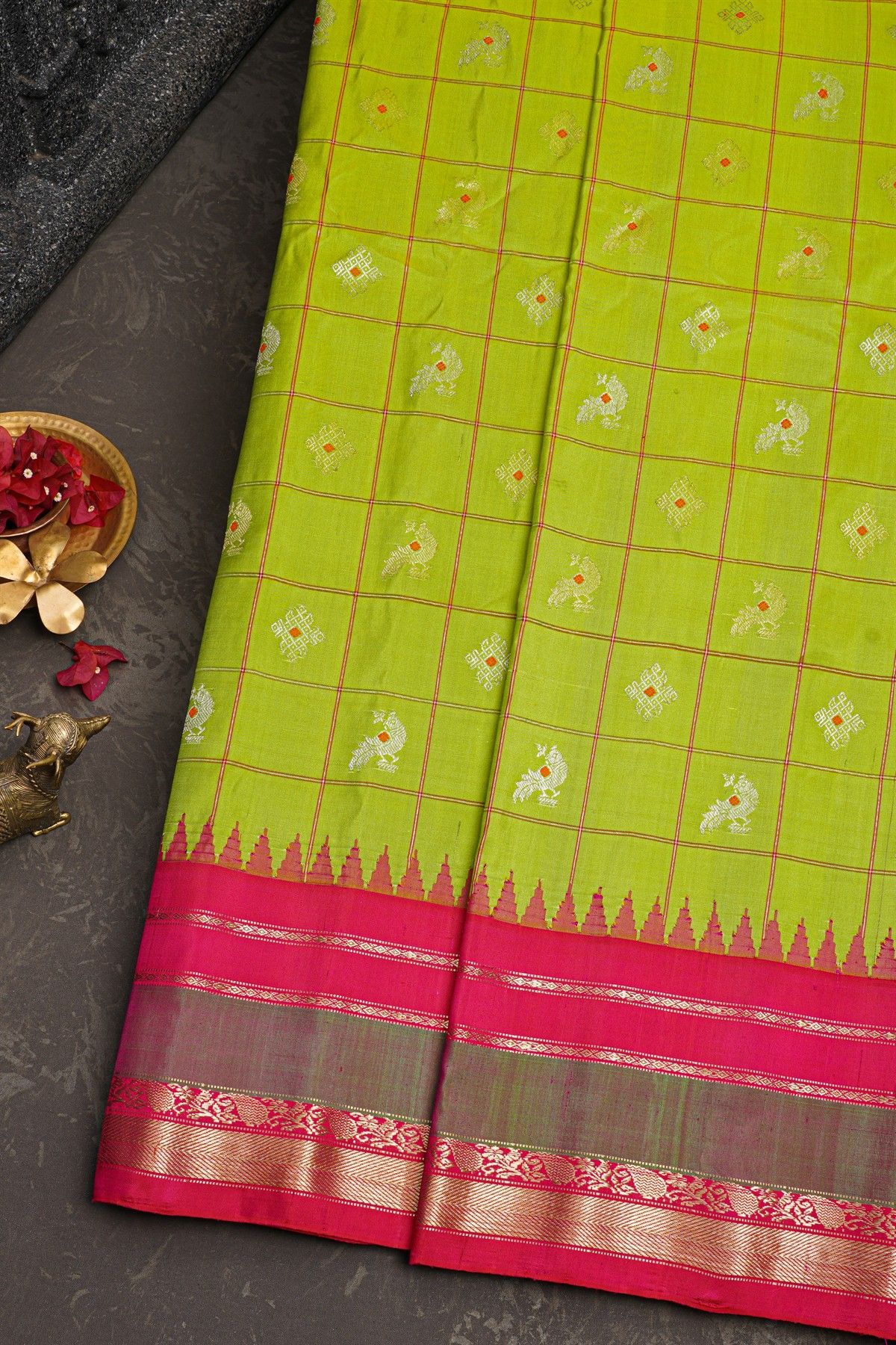 Gadwal Silk Parrot Green Saree