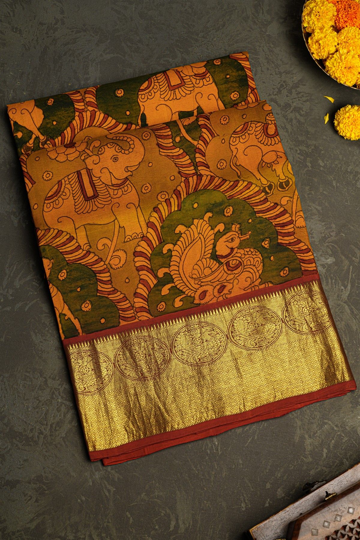 Kalamkari Silk Mustard Saree