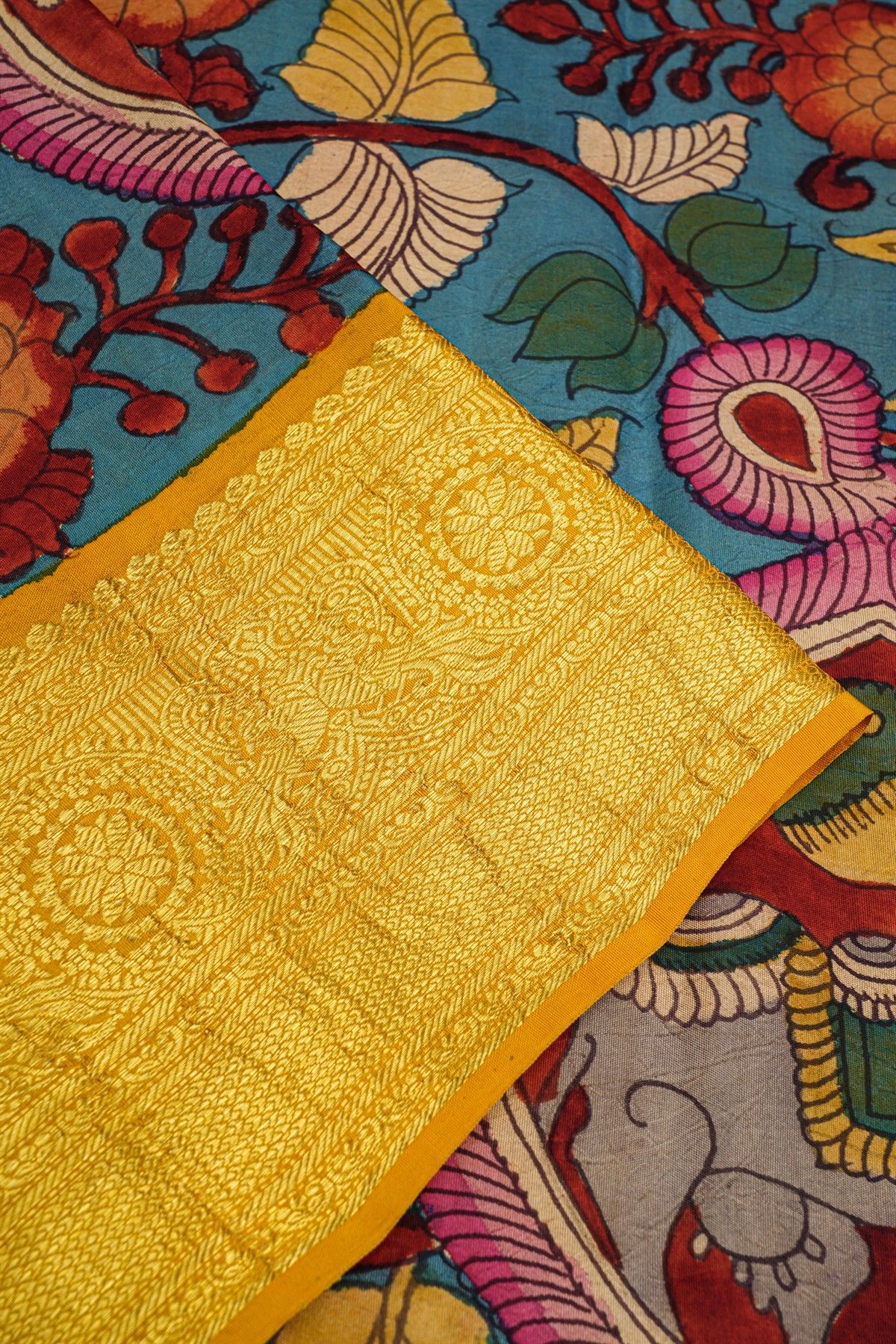 Kalamkari Silk Sea Blue Saree