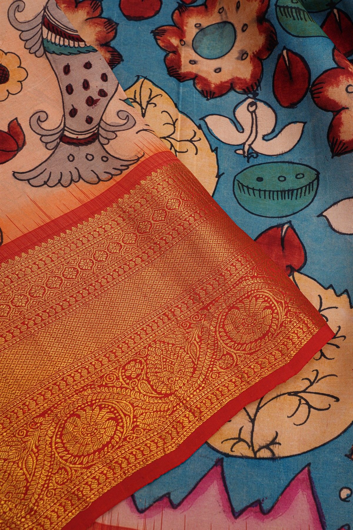 Kalamkari Silk Sea Blue Saree