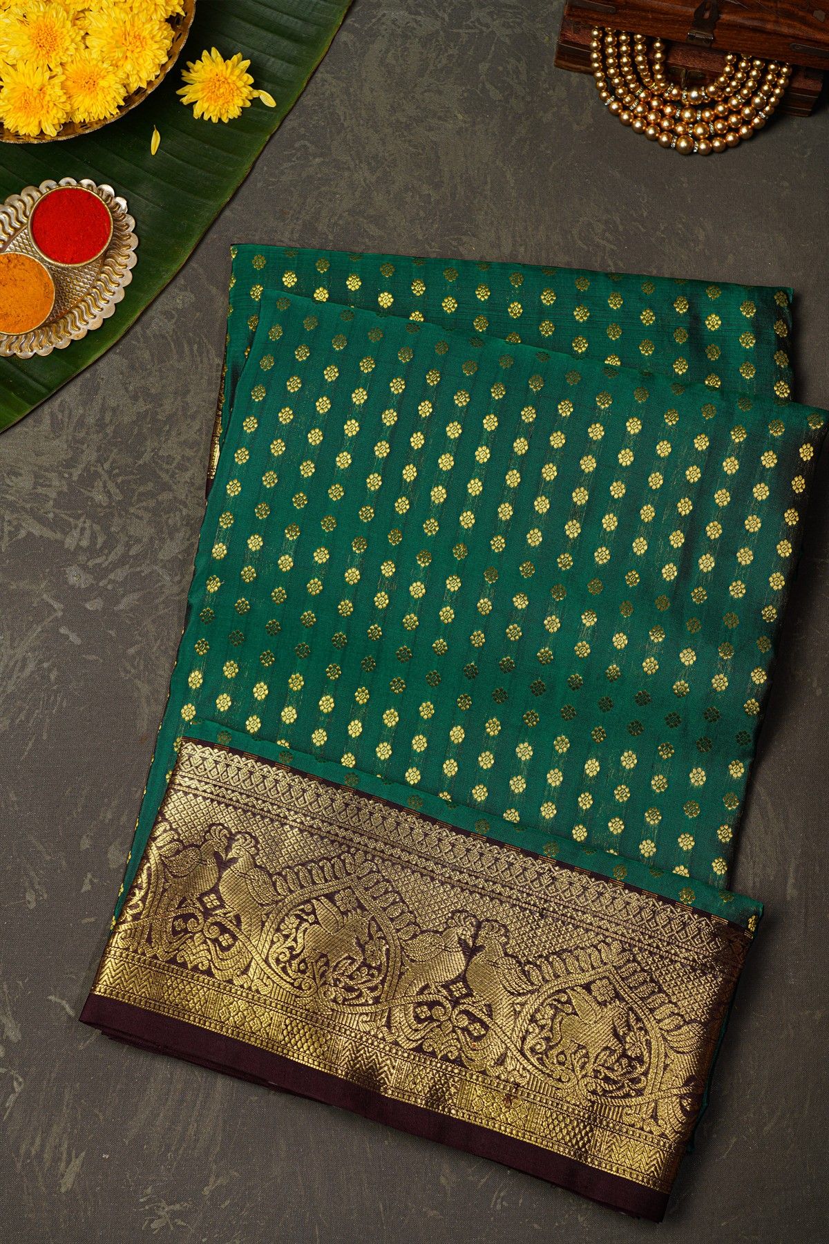 Venkatagiri Silk Bottle Green Saree
