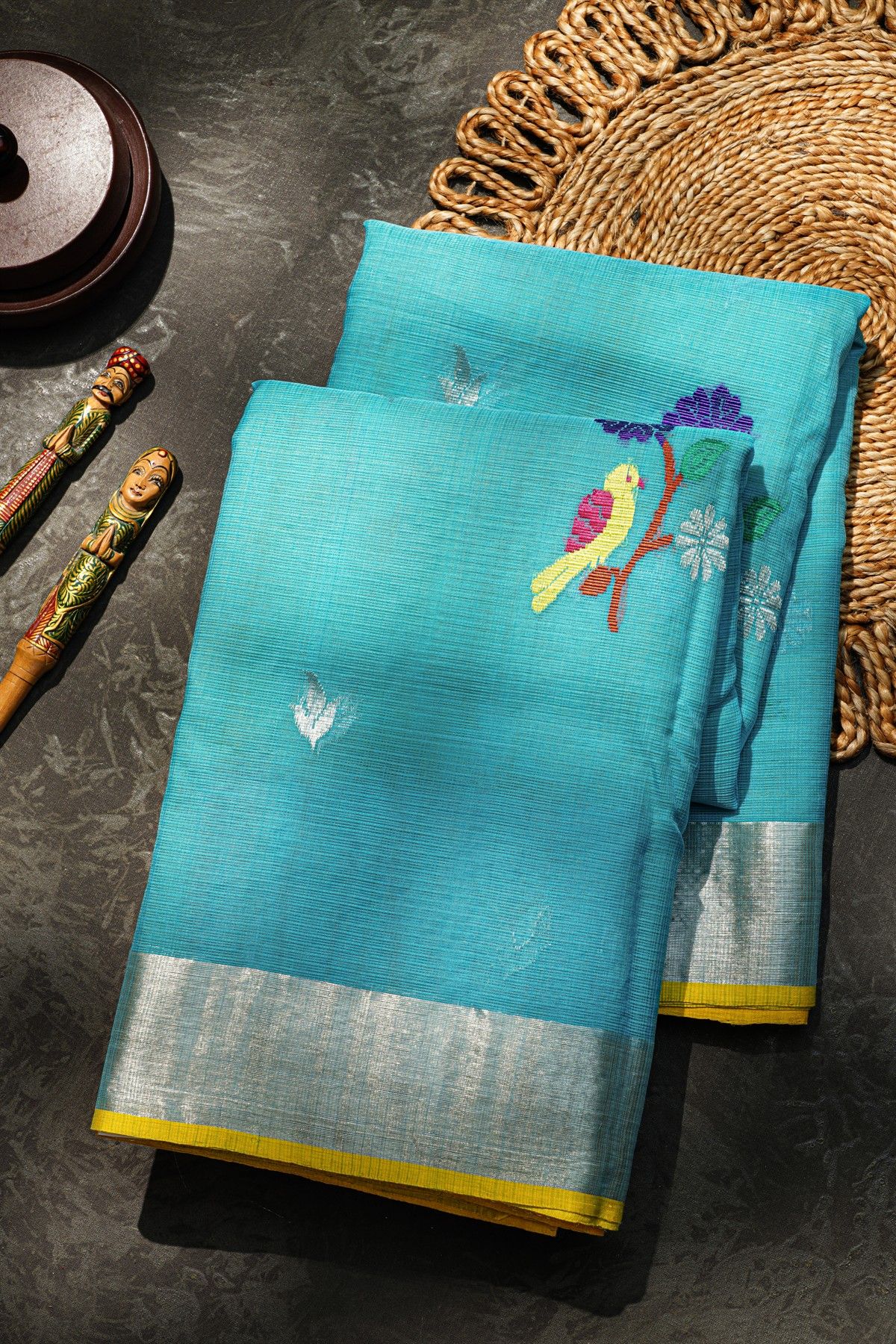Zari Kota Cotton Sky Blue Saree