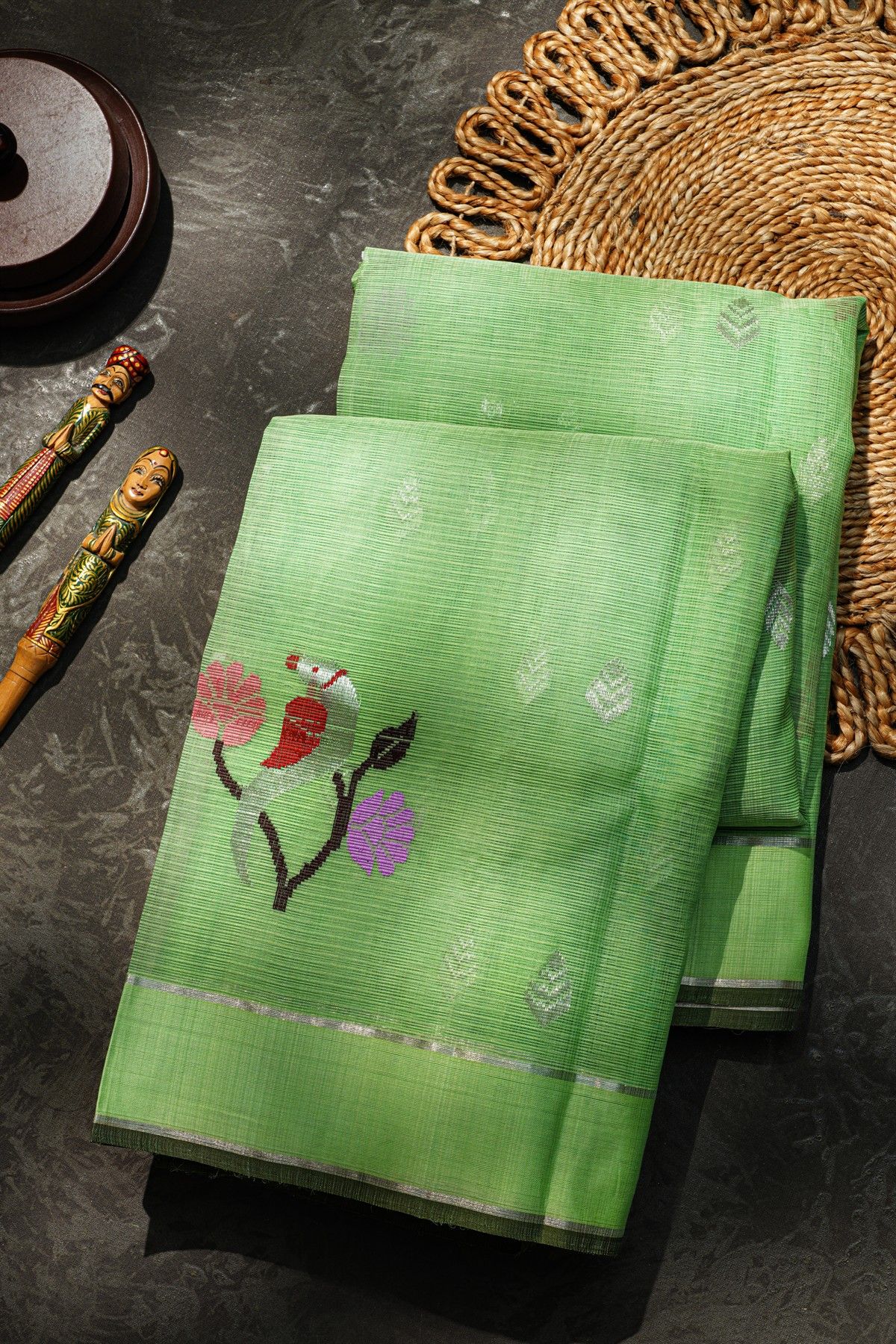 Zari Kota Cotton Pista Green Saree