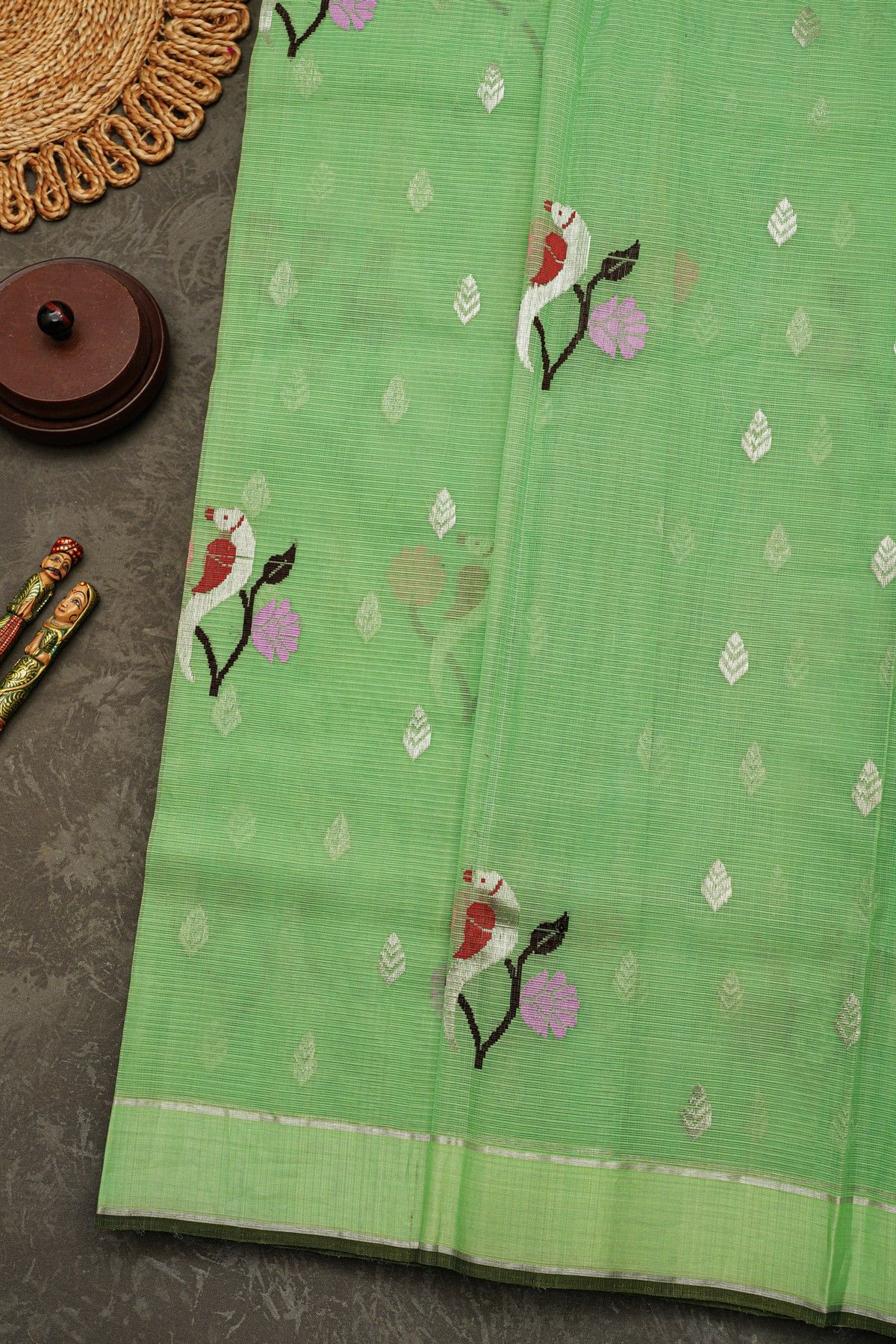 Zari Kota Cotton Pista Green Saree