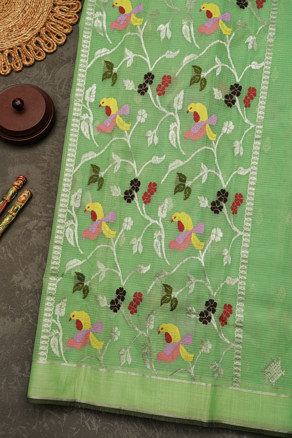 Zari Kota Cotton Pista Green Saree