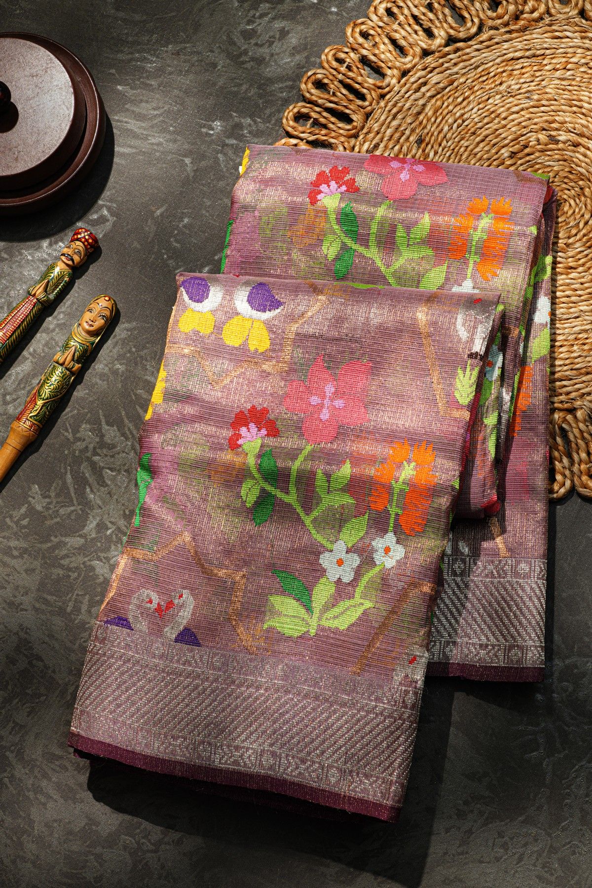 Zari Kota Cotton Lavender Saree With Florals And Swans In Meenakari