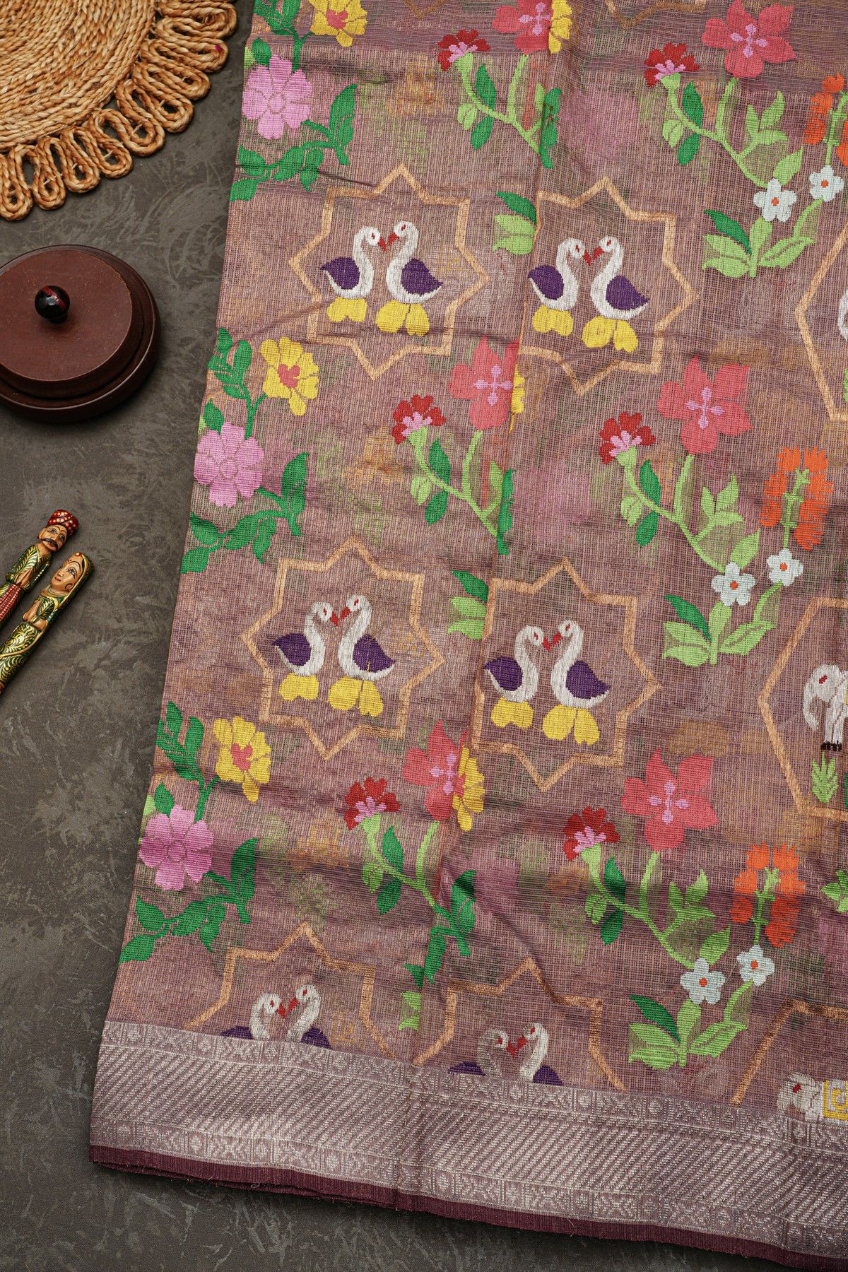 Zari Kota Cotton Lavender Saree With Florals And Swans In Meenakari
