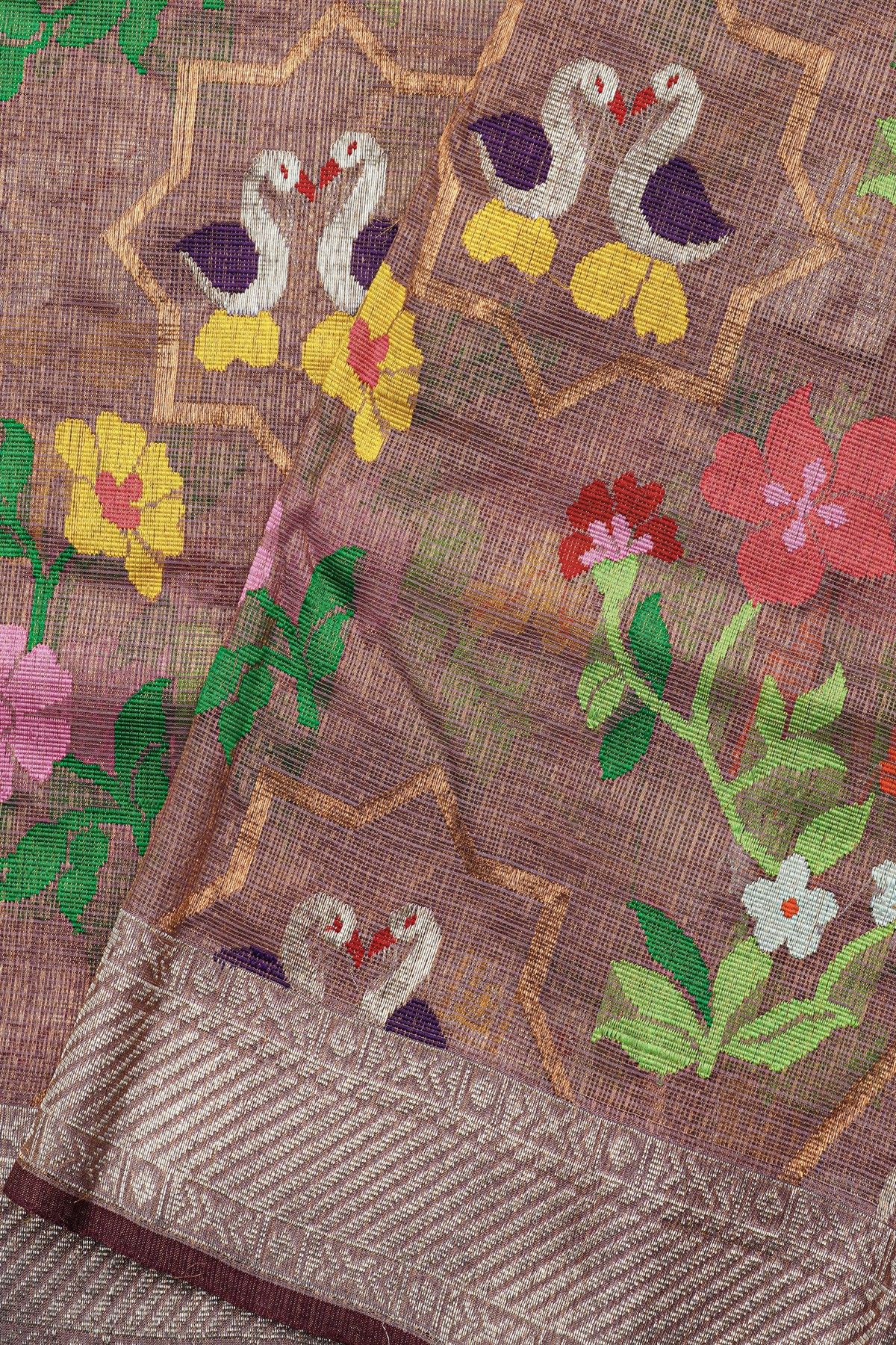 Zari Kota Cotton Lavender Saree With Florals And Swans In Meenakari