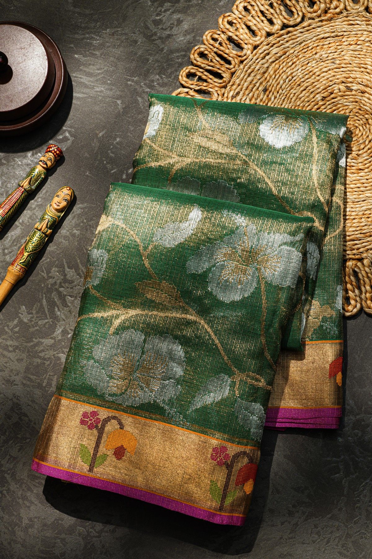 Zari Kota Cotton Bottle Green Tissue Saree